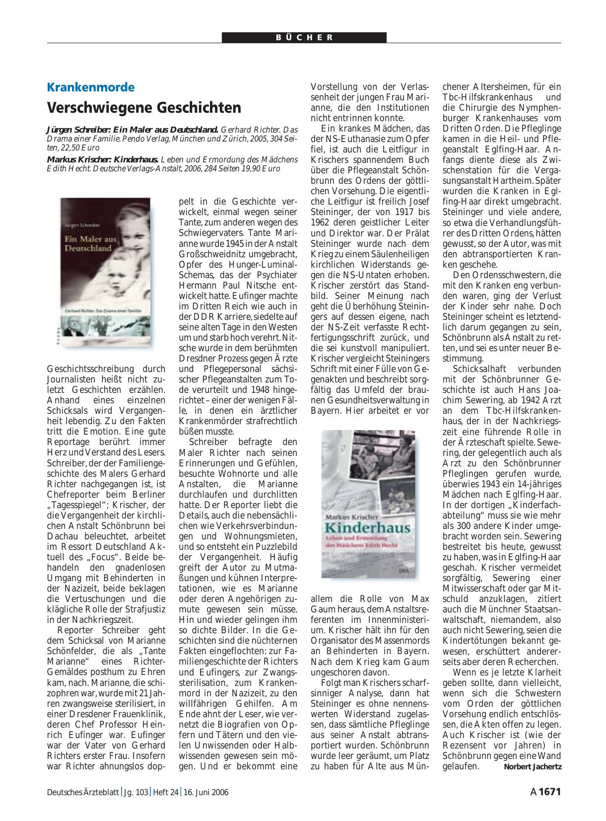 Vorschauseite 1: Ein Maler aus Deutschland. Gerhard Richter / Kinderhaus. Leben und Ermordung des Mädchens Edith Hecht