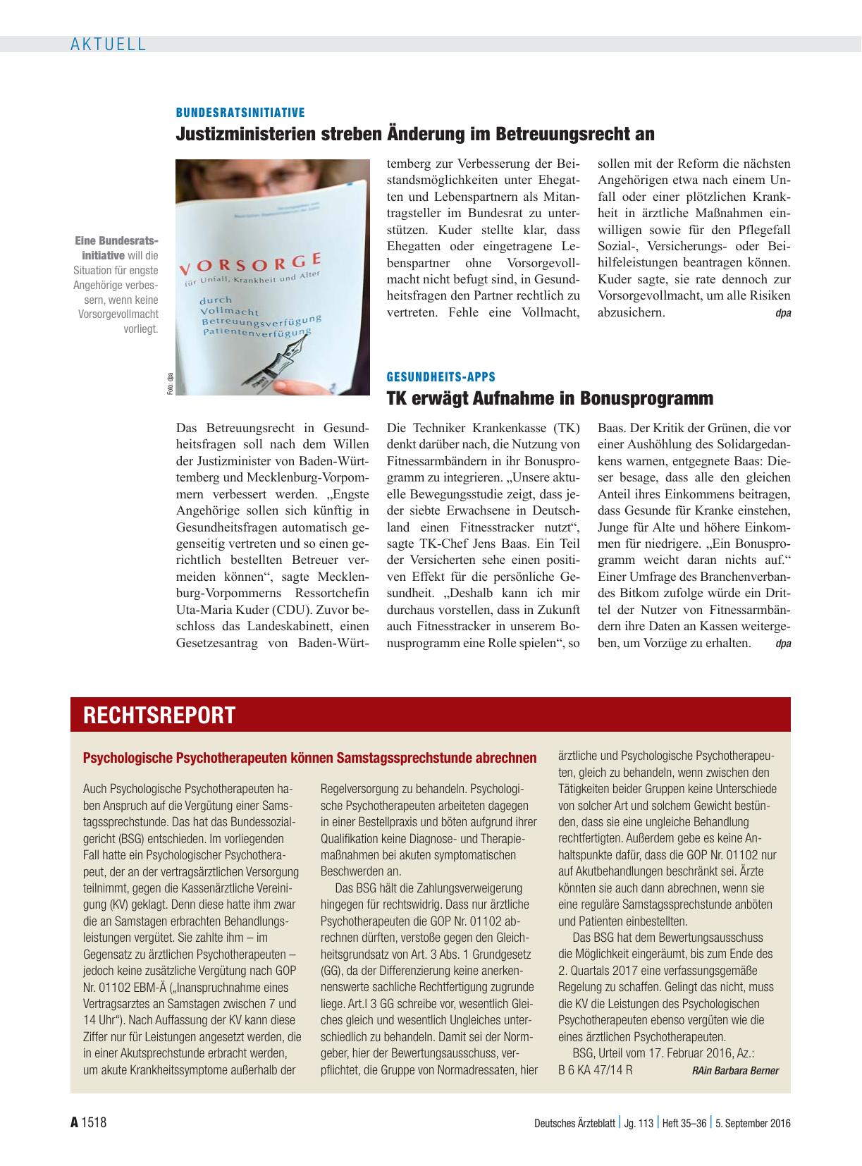 Vorschauseite 1: Psychologische Psychotherapeuten können Samstagssprechstunde abrechnen