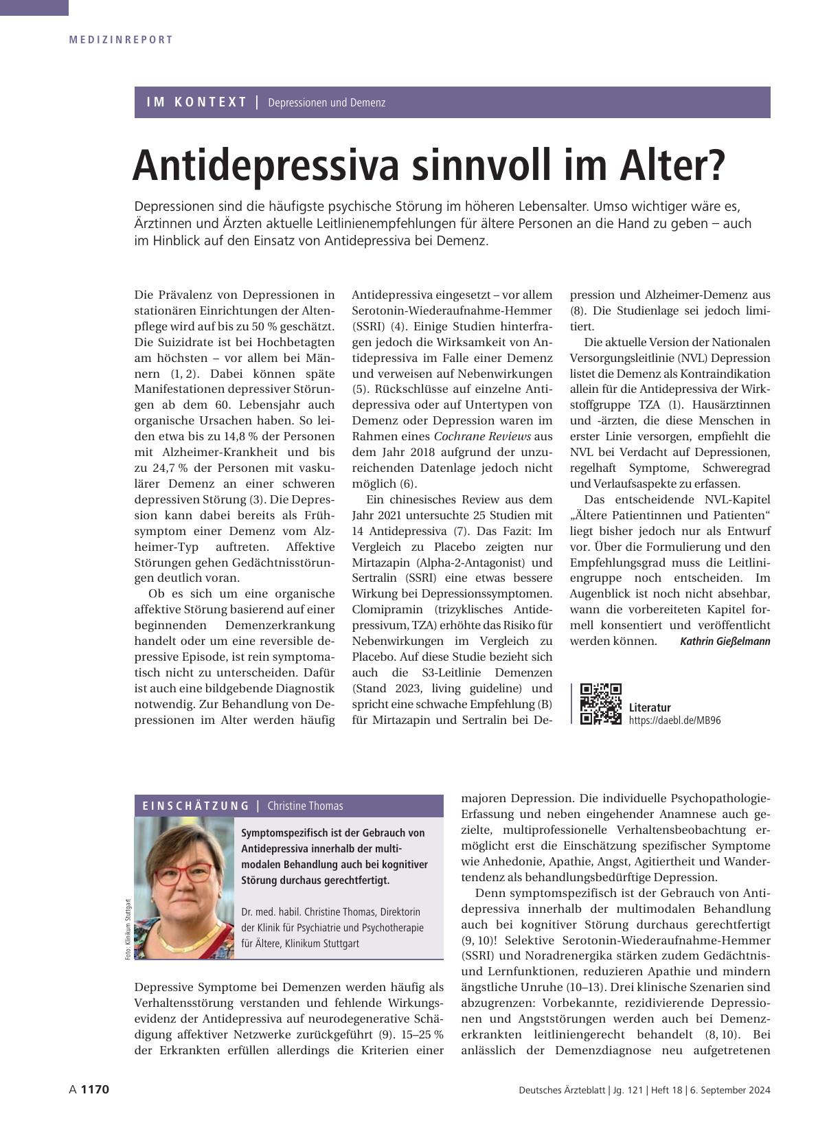 Vorschauseite 1: Depressionen und Demenz: Antidepressiva sinnvoll im Alter?