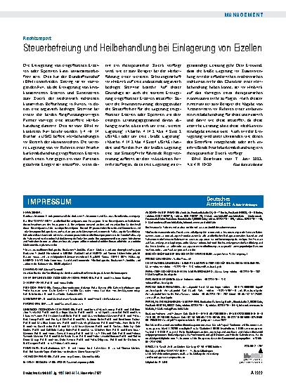 Vorschauseite 1: Rechtsreport: Steuerbefreiung und Heilbehandlung bei Einlagerung von Eizellen