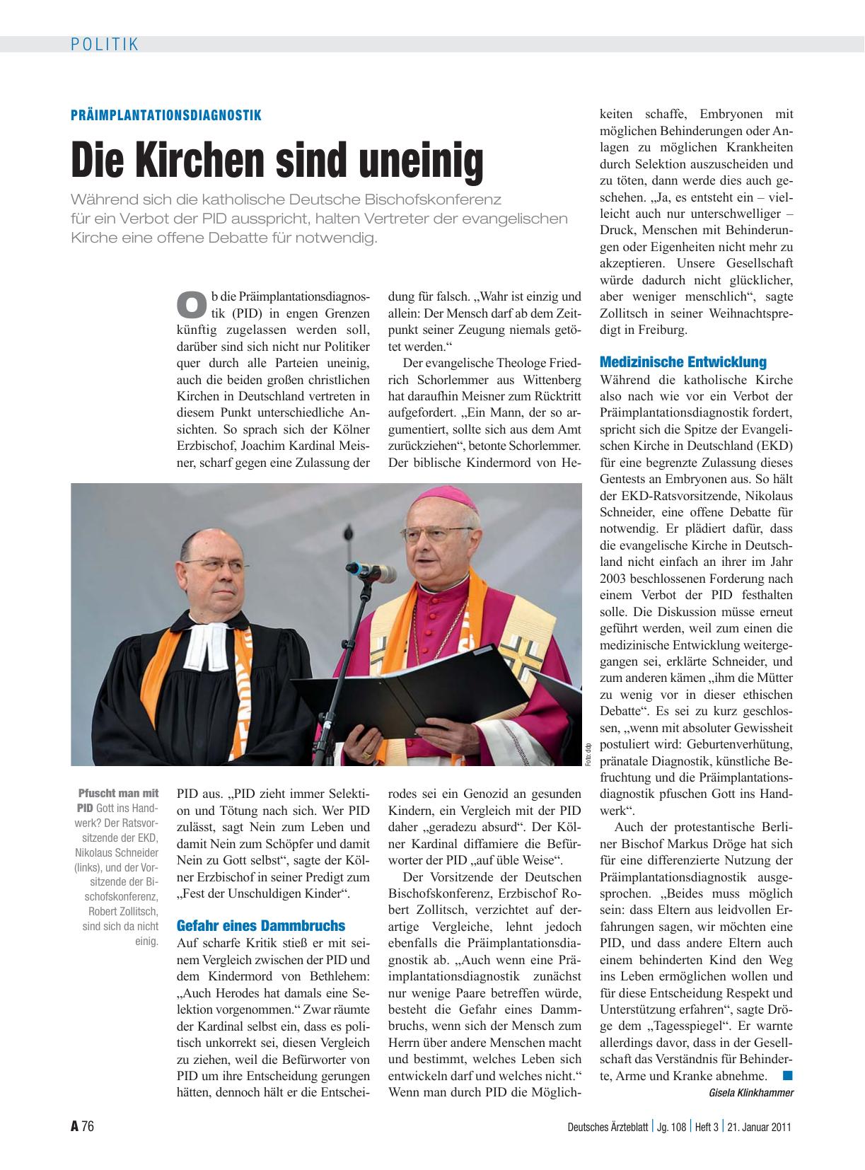 Vorschauseite 1: Präimplantationsdiagnostik: Die Kirchen sind uneinig