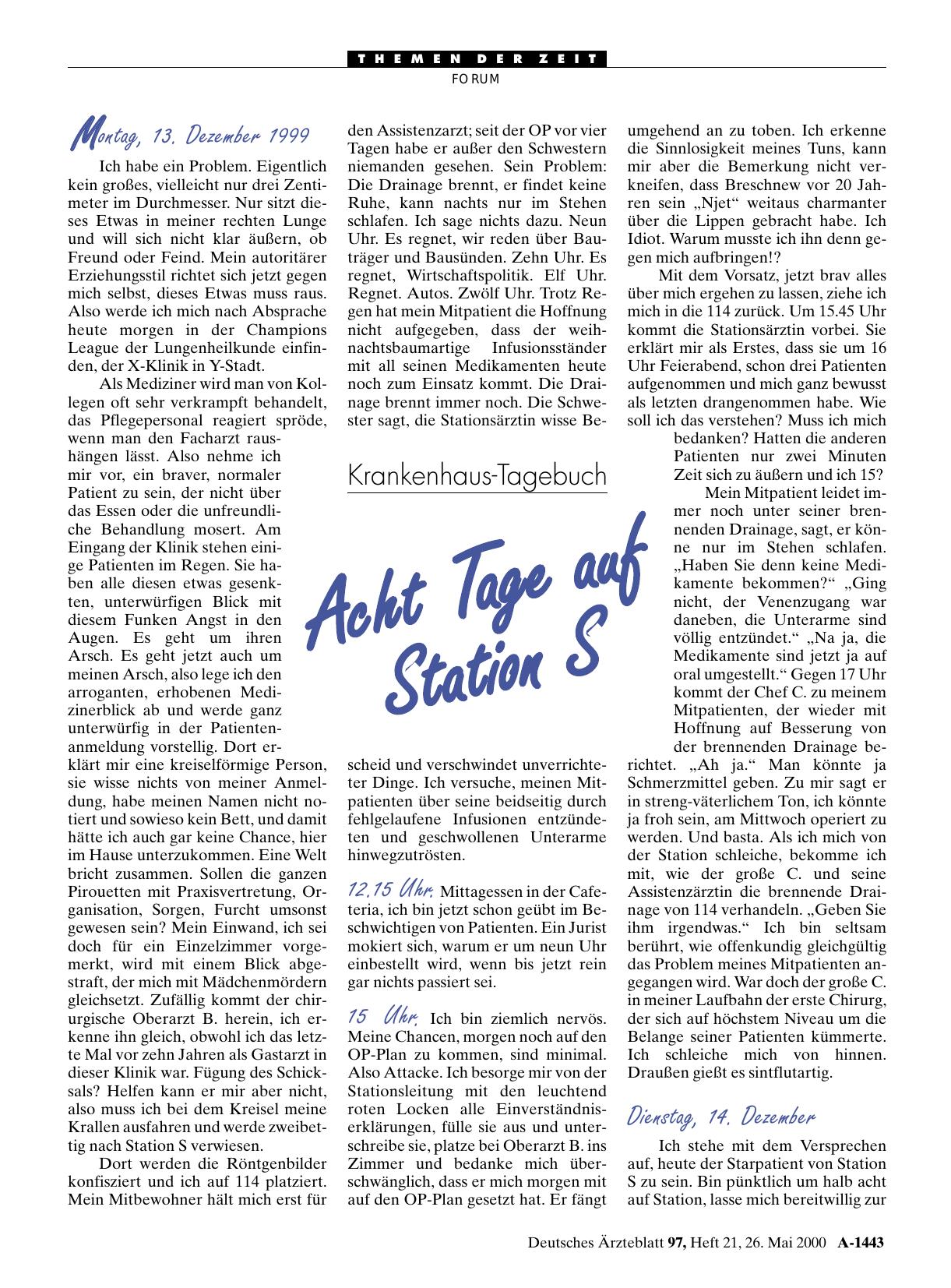 Vorschauseite 1: Krankenhaus-Tagebuch: Acht Tage auf Station S