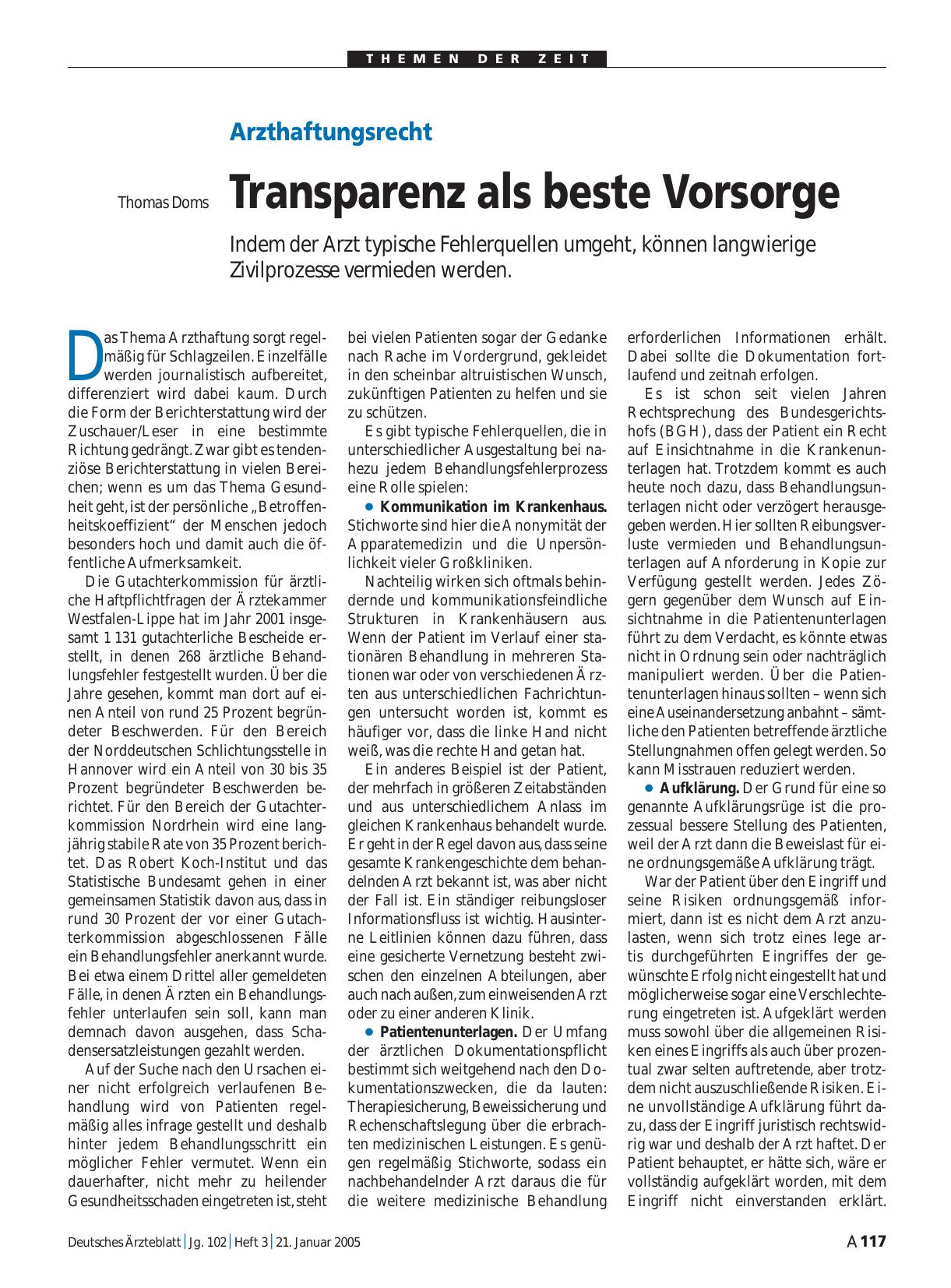 Vorschauseite 1: Arzthaftungsrecht: Transparenz als beste Vorsorge