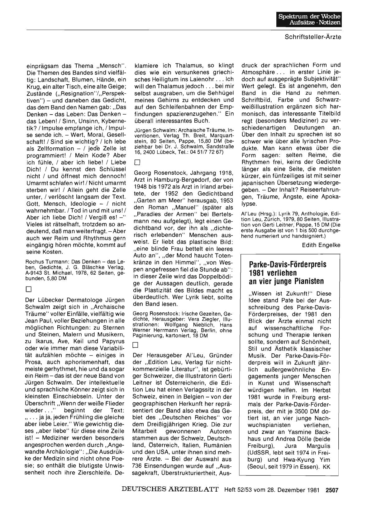 Vorschauseite 1: Parke-Davis-Förderpreis 1981 verliehen an vier junge Pianisten