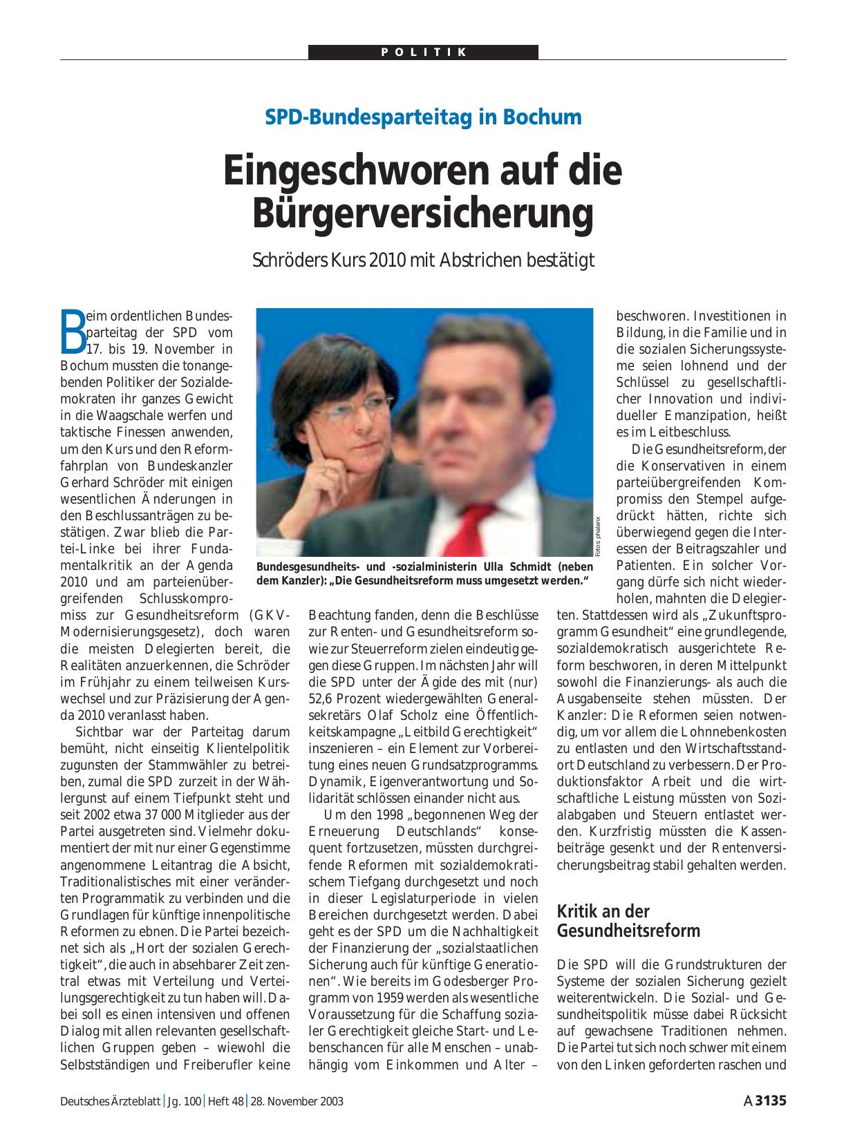 Vorschauseite 1: SPD-Bundesparteitag in Bochum: Eingeschworen auf die Bürgerversicherung