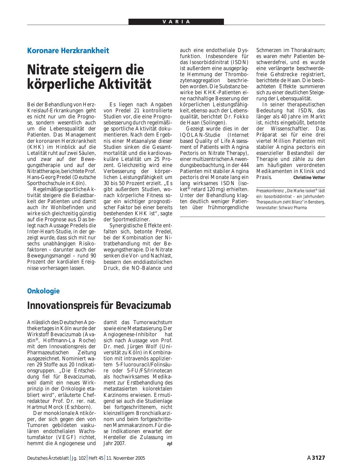 Vorschauseite 1: Koronare Herzkrankheit: Nitrate steigern die körperliche Aktivität