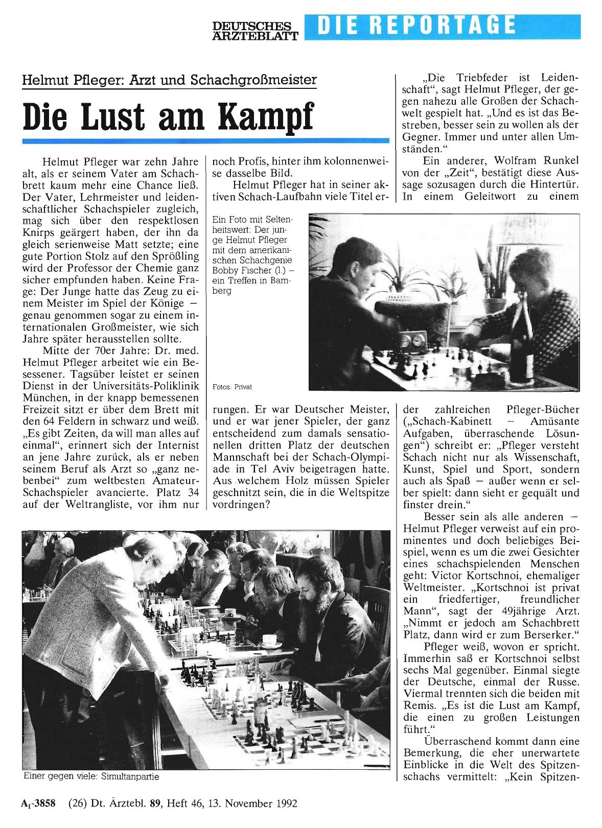 Vorschauseite 1: Helmut Pfleger: Arzt und Schachgroßmeister - Die Lust am Kampf