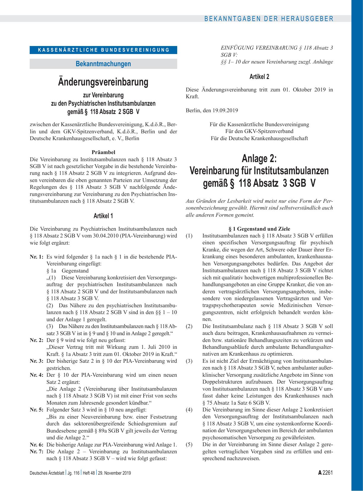 Vorschauseite 1: Änderungsvereinbarung zur Vereinbarung zu den Psychiatrischen Institutsambulanzen gemäß § 118 Absatz 2 SGB V Artikel 1, Artikel 2, Anlage 2: Vereinbarung für Institutsambulanzen g…