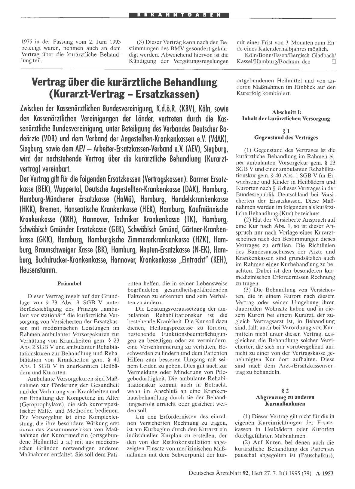 Vorschauseite 1: Vertrag über die kurärztliche Behandlung (Kurarzt-Vertrag - Ersatzkassen)