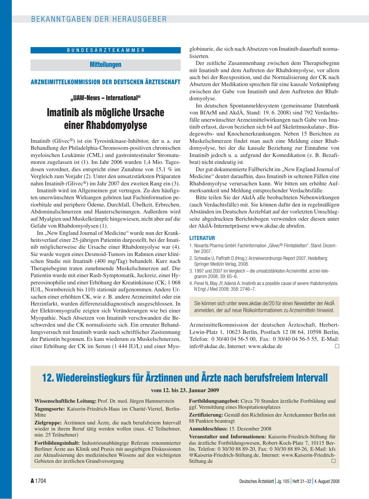 Vorschauseite 1: „UAW-News – International“: Imatinib als mögliche Ursache einer Rhabdomyolyse