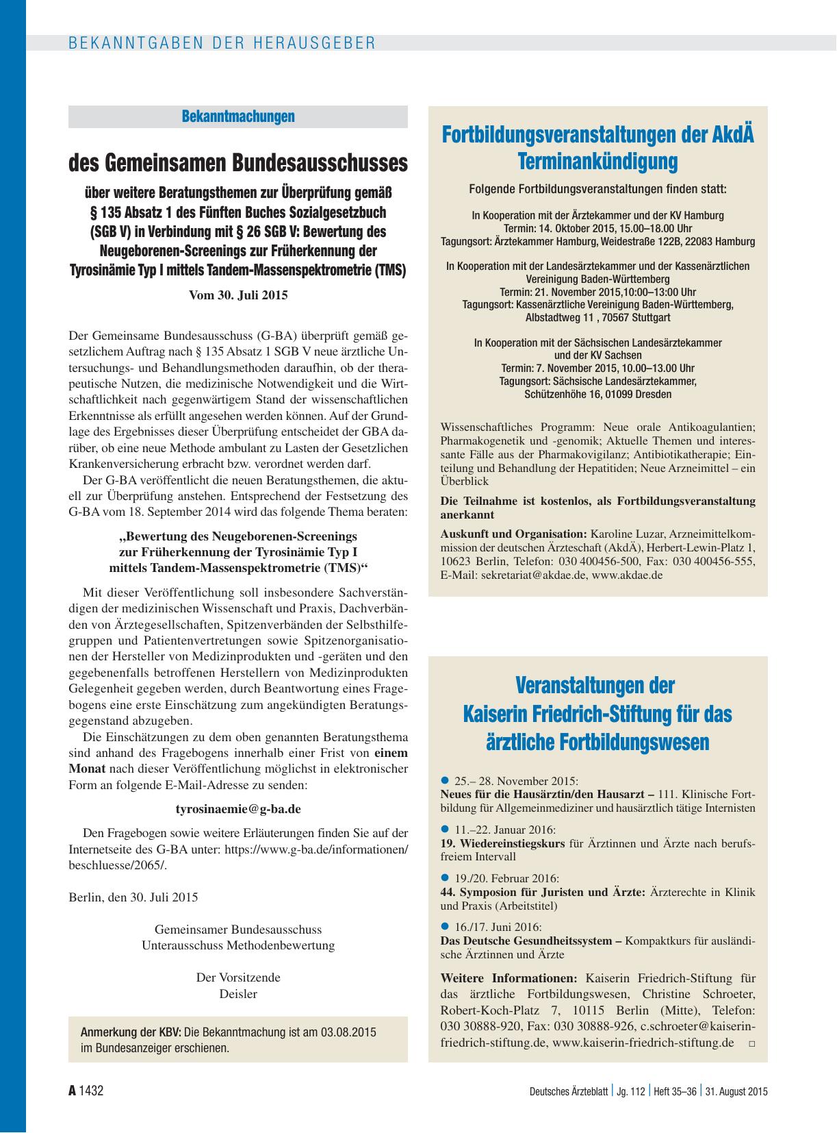 Vorschauseite 1: Veranstaltungen der Kaiserin Friedrich-Stiftung für das ärztliche Fortbildungswesen