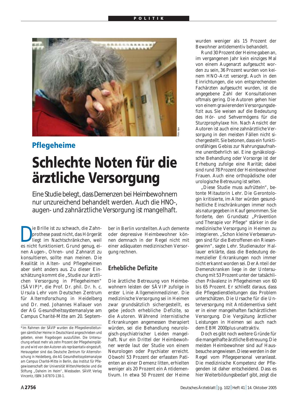 Vorschauseite 1: Pflegeheime: Schlechte Noten für die ärztliche Versorgung