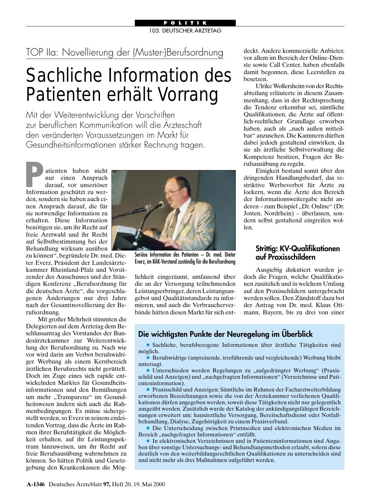 Vorschauseite 1: TOP IIa: Novellierung der (Muster-)Berufsordnung: Sachliche Information des Patienten erhält Vorrang