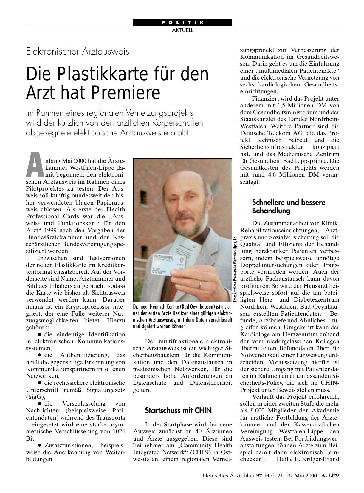 Vorschauseite 1: Elektronischer Arztausweis: Die Plastikkarte für den Arzt hat Premiere