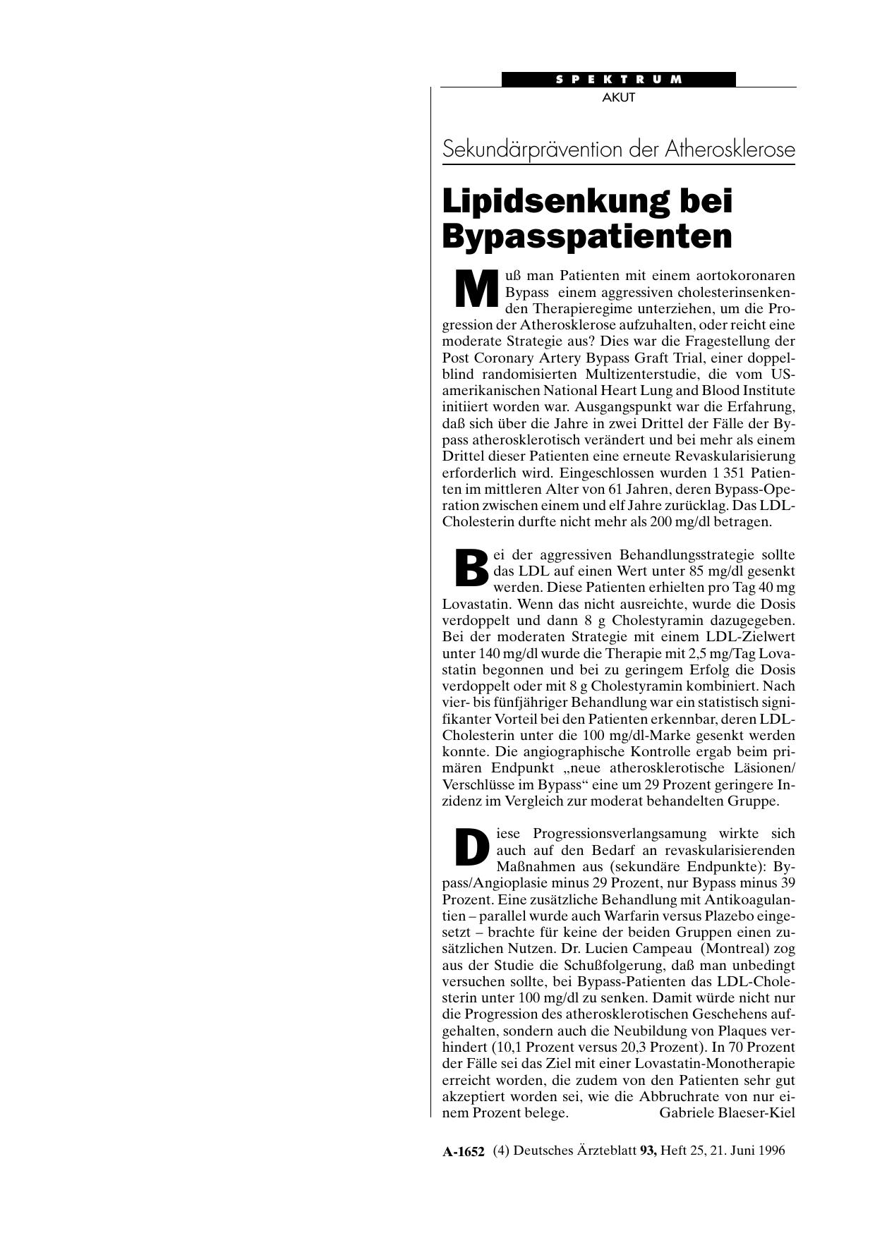Vorschauseite 1: Sekundärprävention der Atherosklerose: Lipidsenkung bei Bypasspatienten