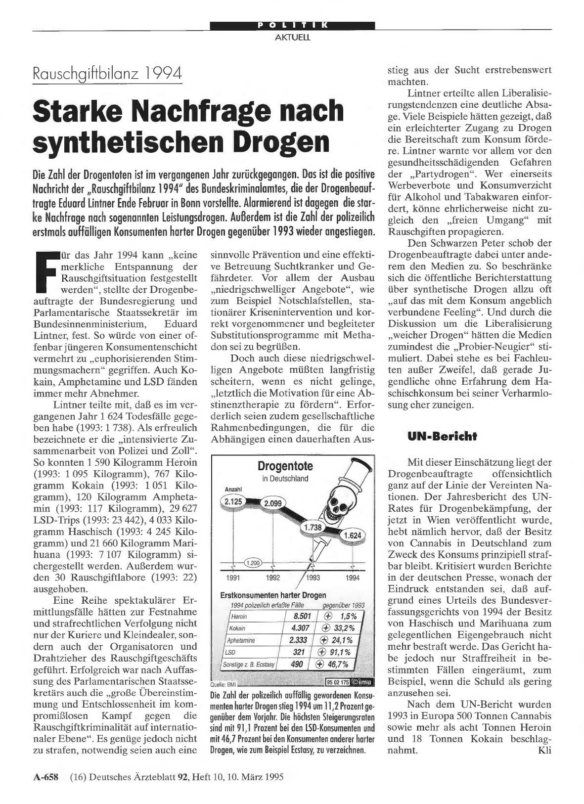 Vorschauseite 1: Rauschgiftbilanz 1994: Starke Nachfrage nach synthetischen Drogen