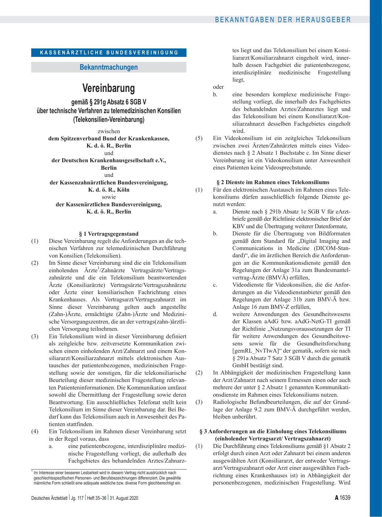 Vorschauseite 1: Vereinbarung gemäß § 291g Absatz 6 SGB V über technische Verfahren zu telemedizinischen Konsilien (Telekonsilien-Vereinbarung)