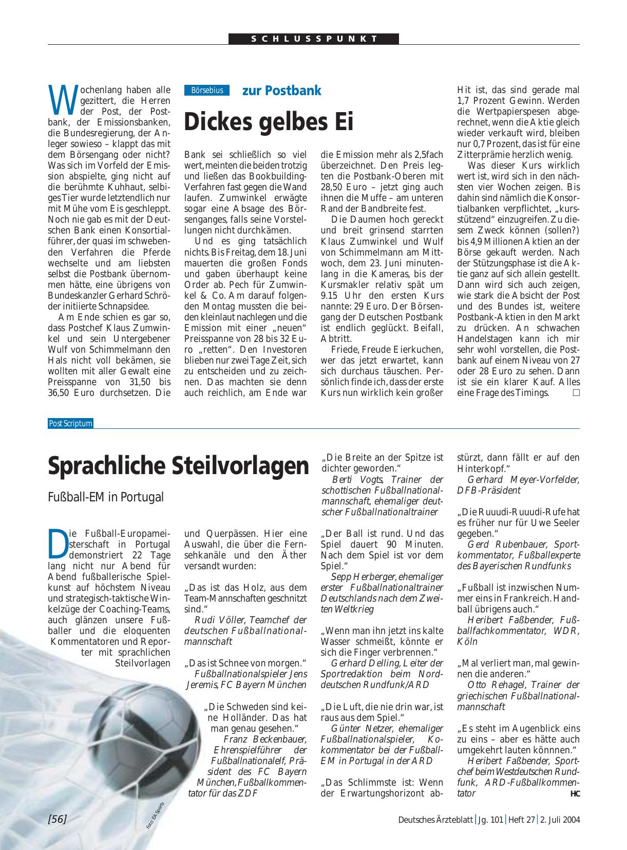Vorschauseite 1: zur Postbank: Dickes gelbes Ei