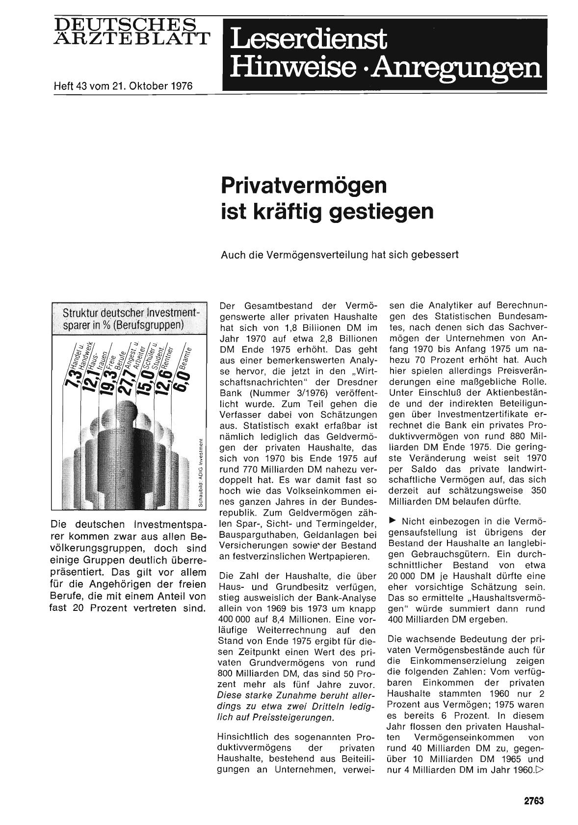 Vorschauseite 1: Privatvermögen ist kräftig gestiegen