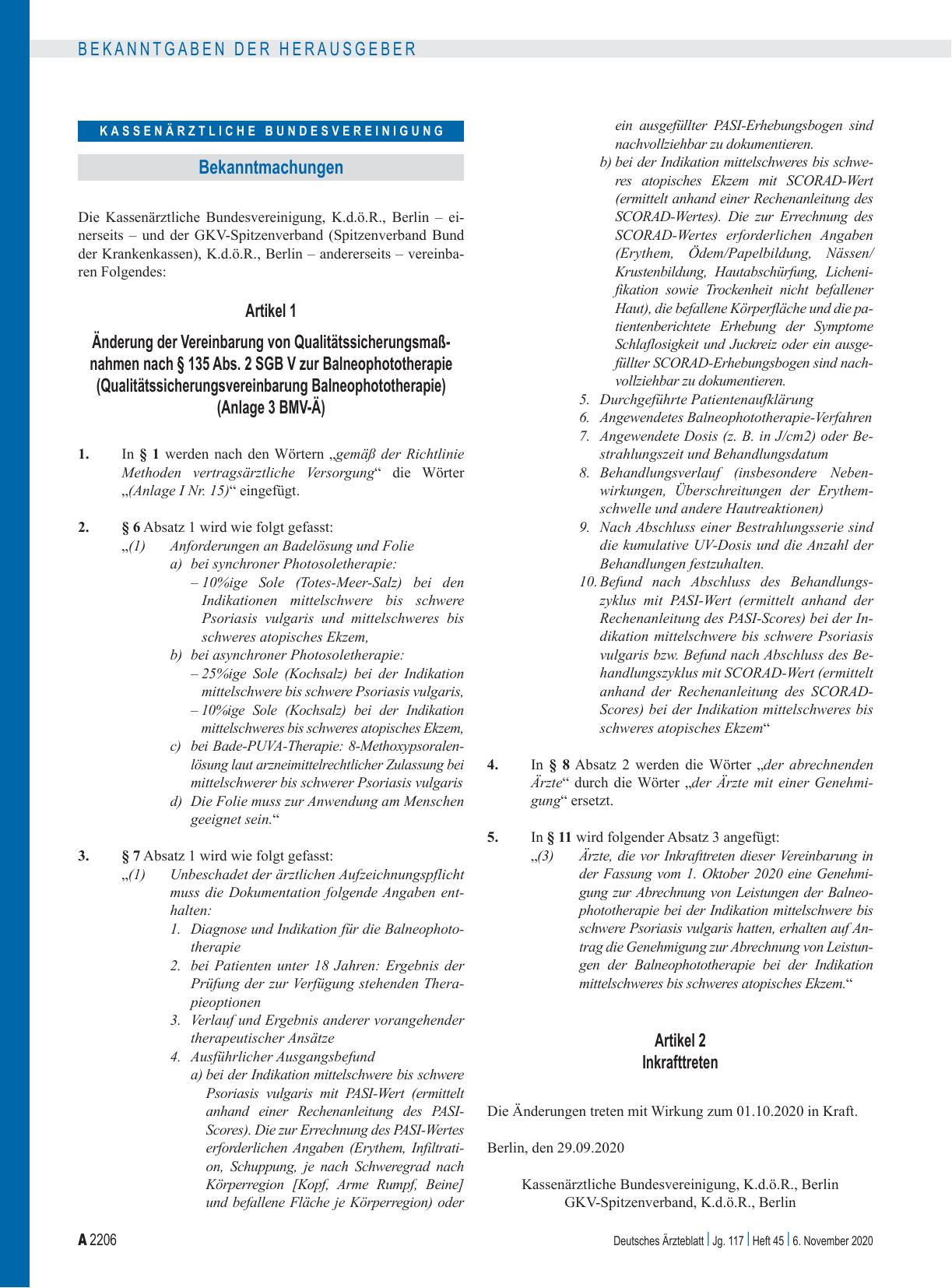 Vorschauseite 1: Änderung der Vereinbarung von Qualitätssicherungsmaßnahmen nach § 135 Abs. 2 SGB V zur Balneophototherapie (Qualitätssicherungsvereinbarung Balneophototherapie)