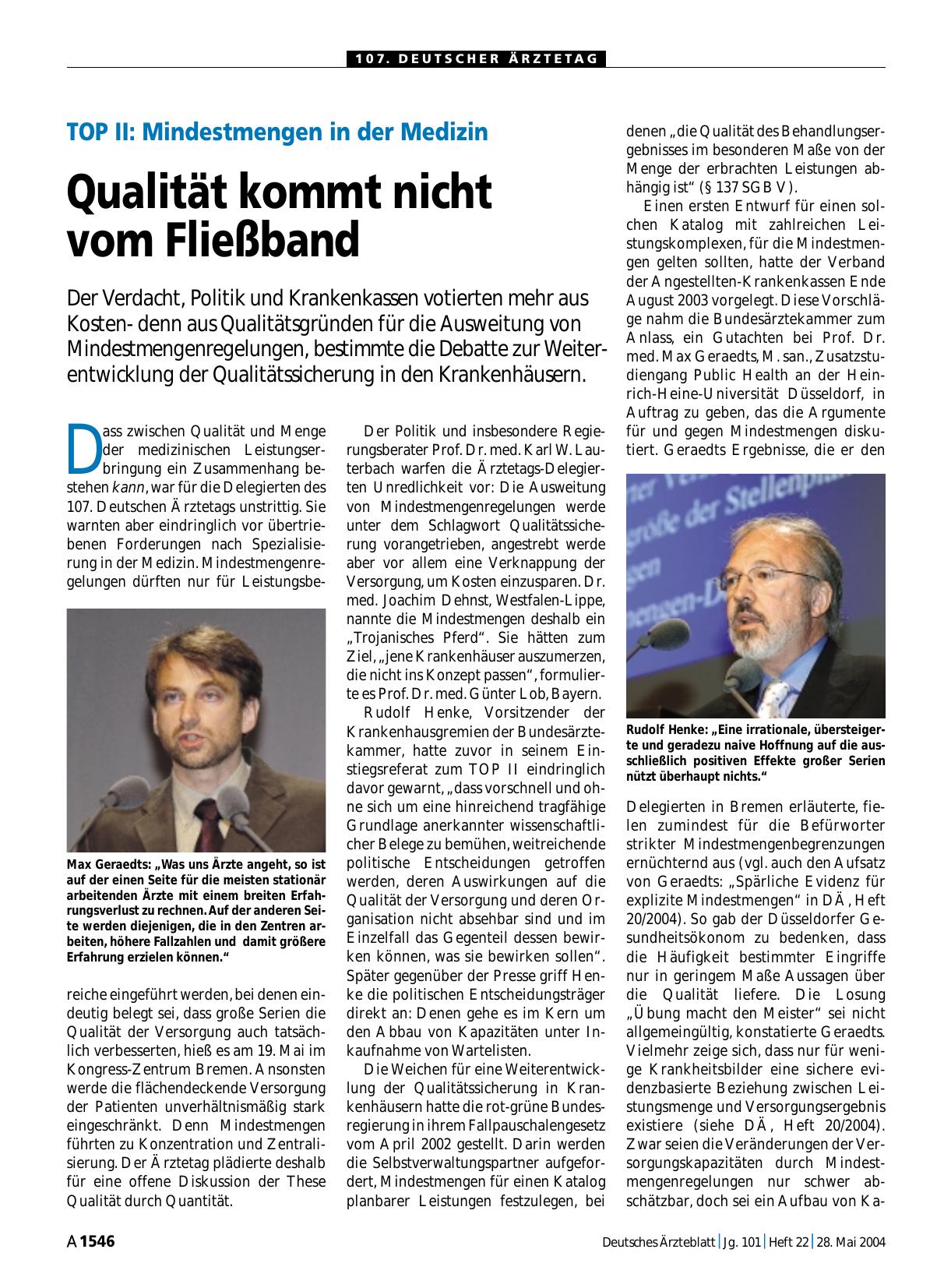 Vorschauseite 1: TOP II: Mindestmengen in der Medizin – Qualität kommt nicht vom Fließband