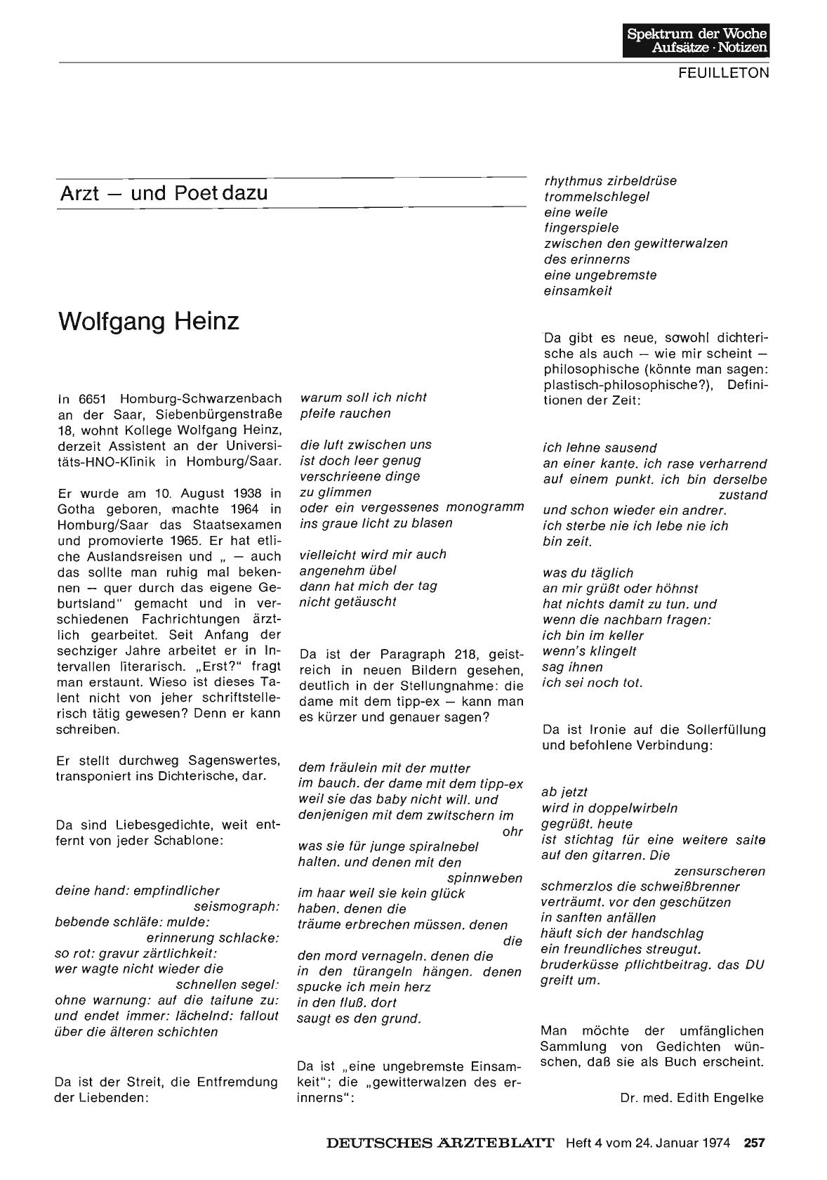Vorschauseite 1: Arzt — und Poet dazu: Wolfgang Heinz