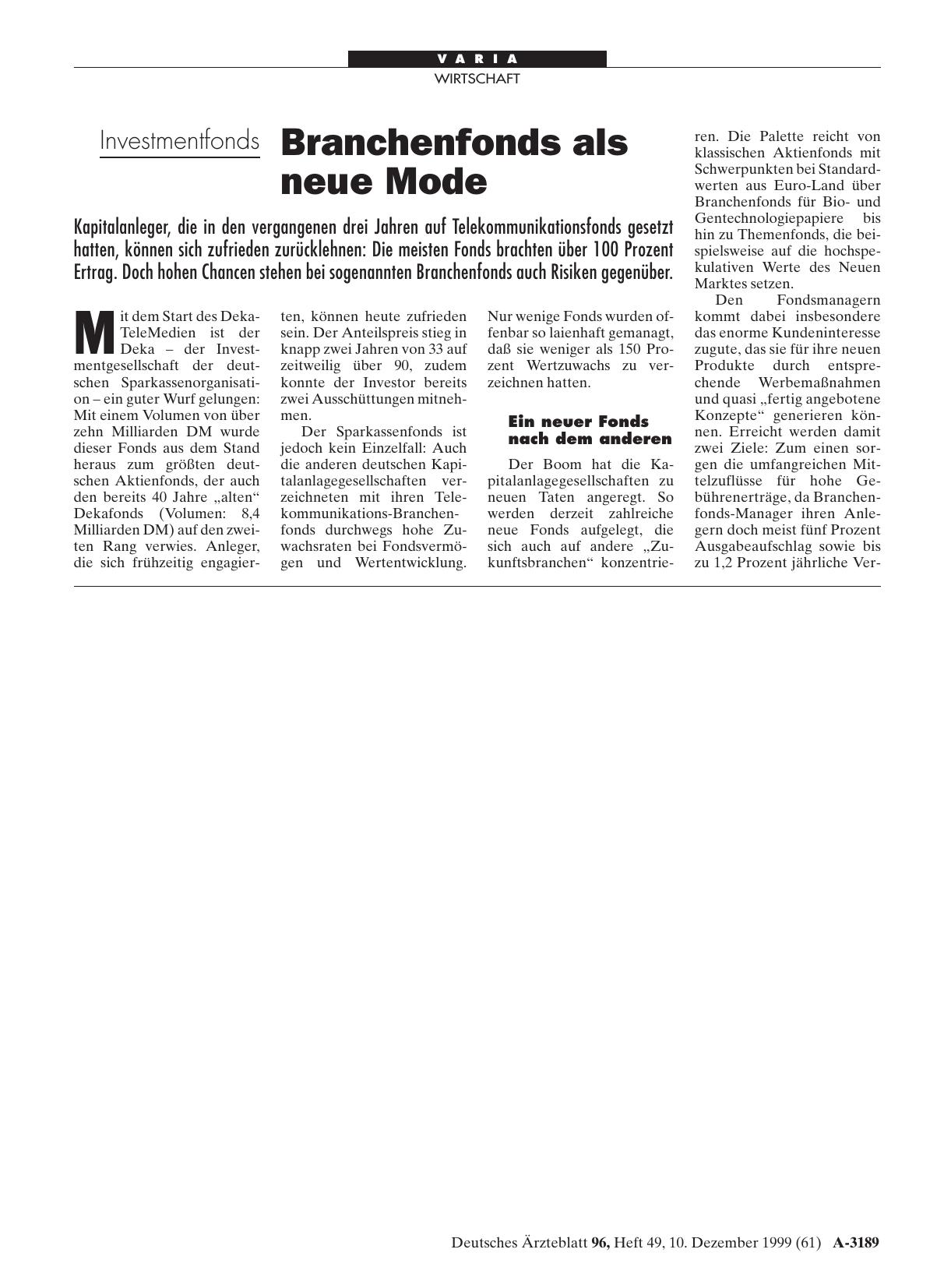 Vorschauseite 1: Investmentfonds Branchenfonds als neue Mode