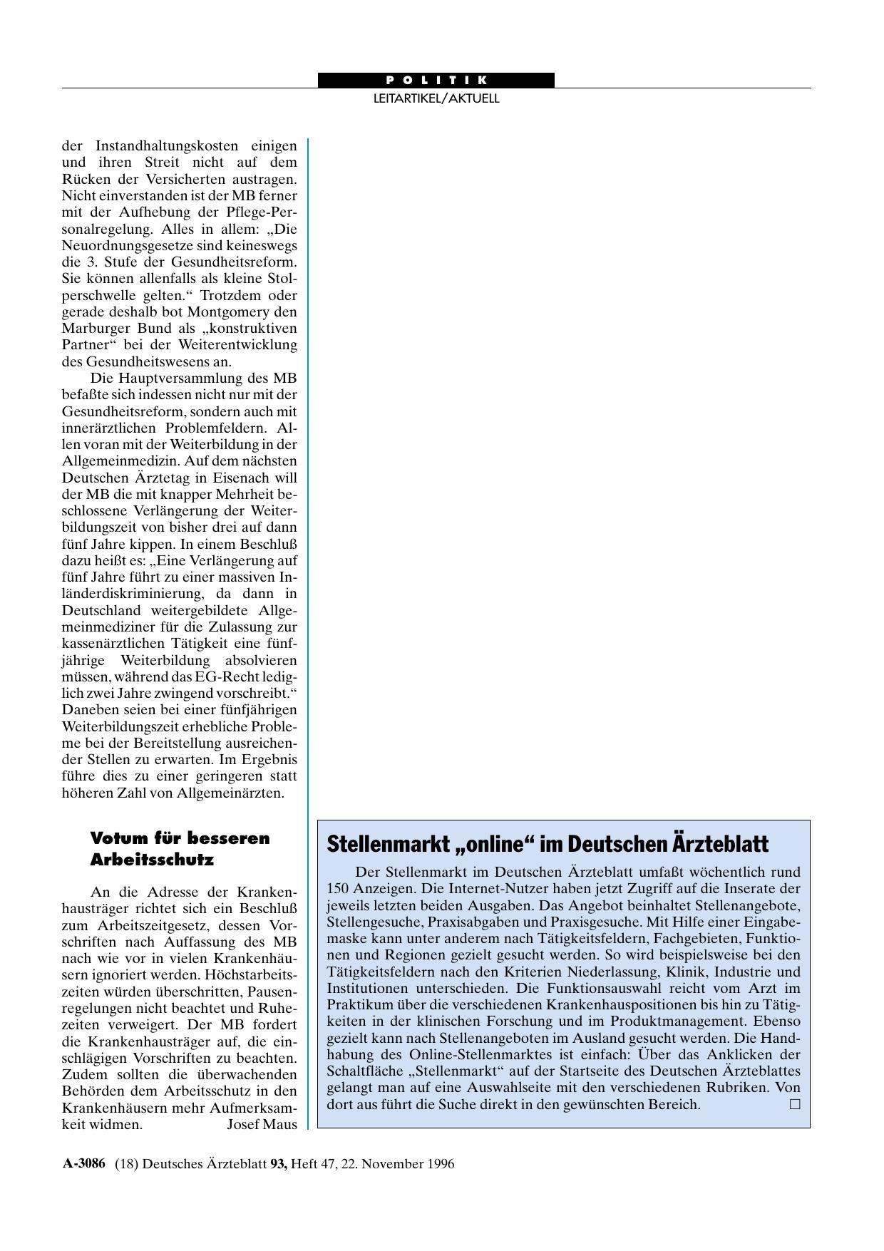 Vorschauseite 1: Stellenmarkt „online“ im Deutschen Ärzteblatt