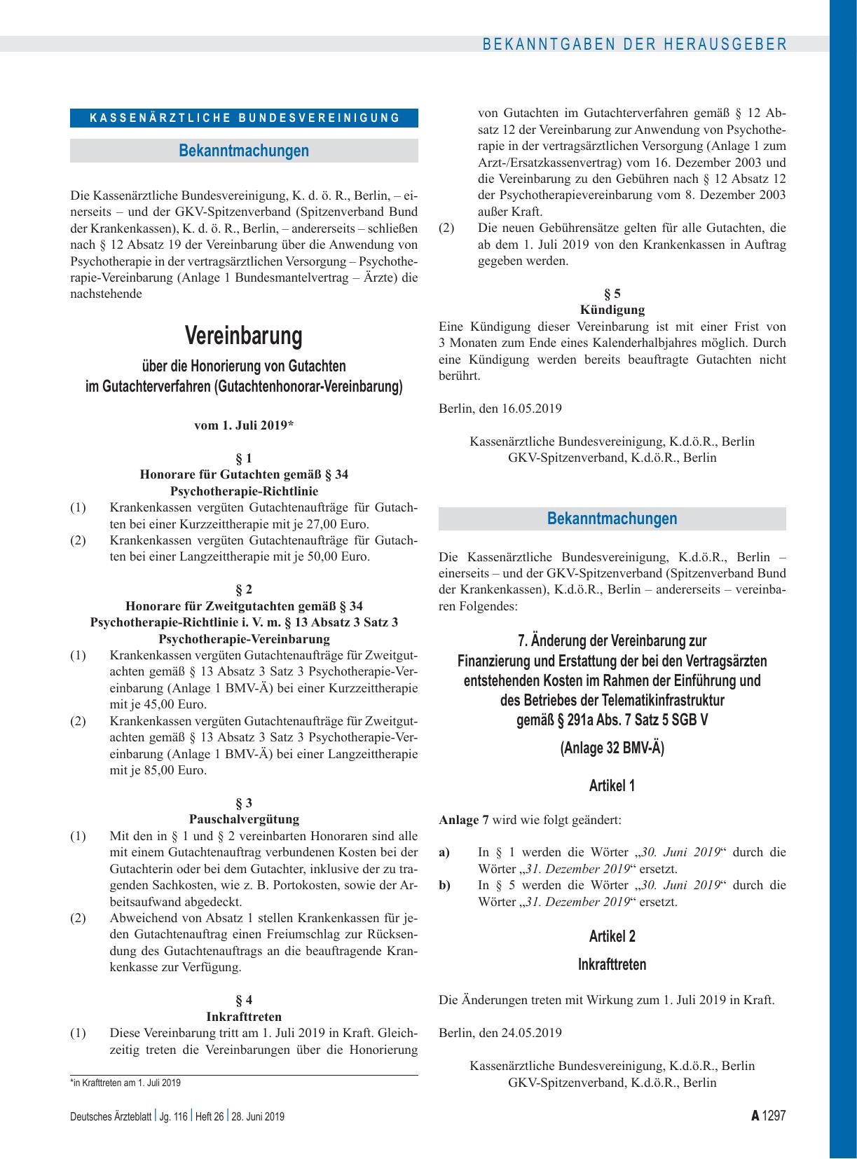Vorschauseite 1: 7. Änderung der Vereinbarung zur Finanzierung und Erstattung der bei den Vertragsärzten entstehenden Kosten im Rahmen der Einführung und des Betriebes der Telematikinfrastruktur g…
