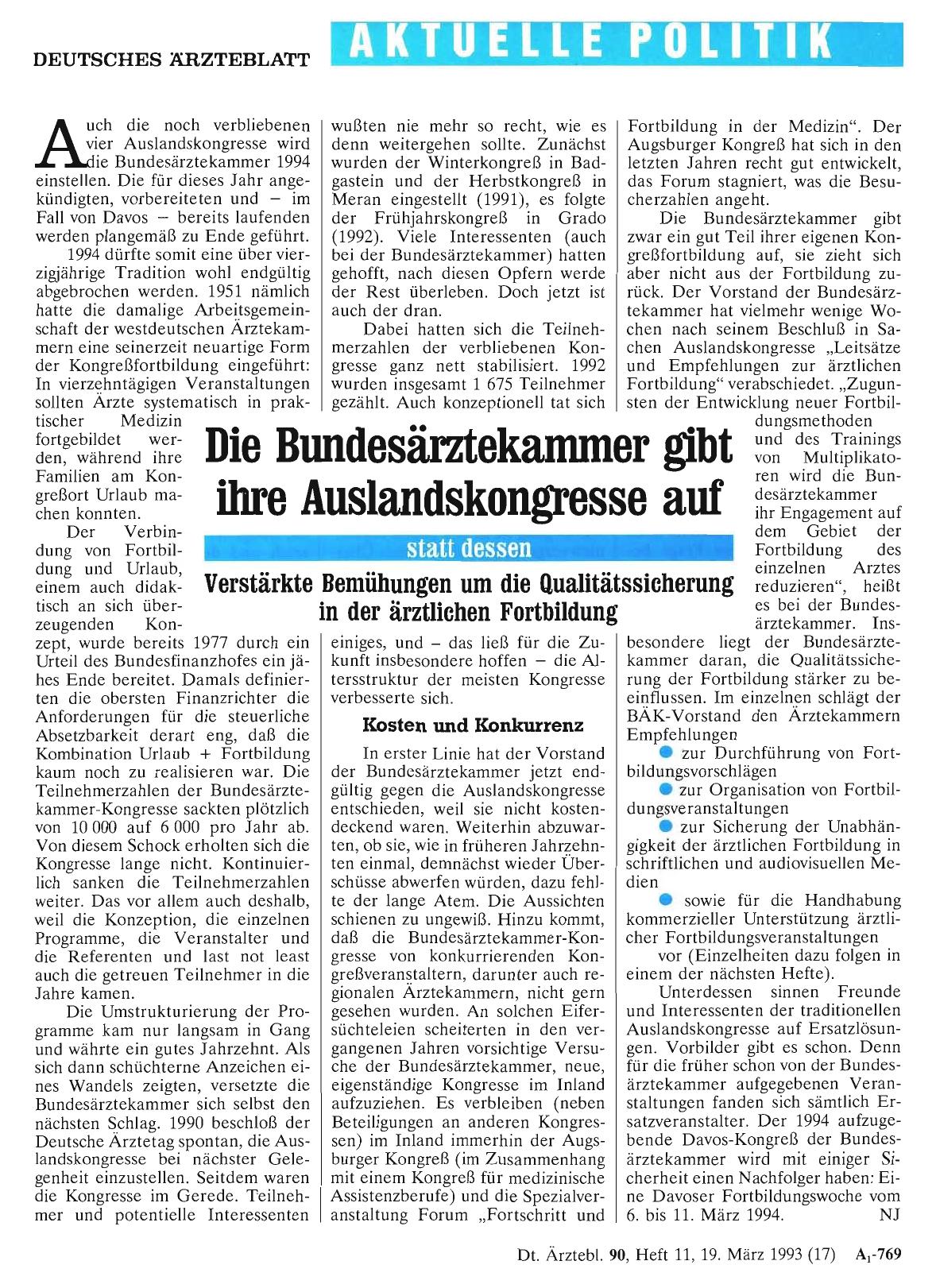 Vorschauseite 1: Die Bundesärztekammer gibt ihre Auslandskongresse auf