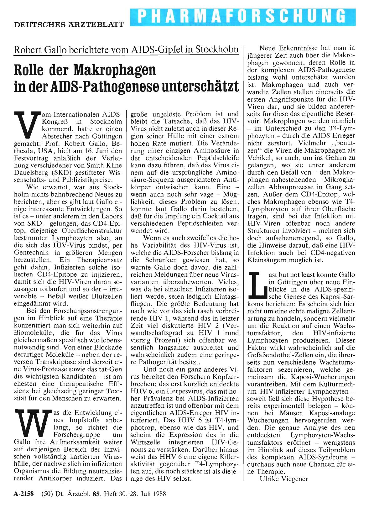 Vorschauseite 1: Robert Gallo berichtete vom AIDS-Gipfel in Stockholm: Rolle der Makrophagen in der AIDS-Pathogenese unterschätzt
