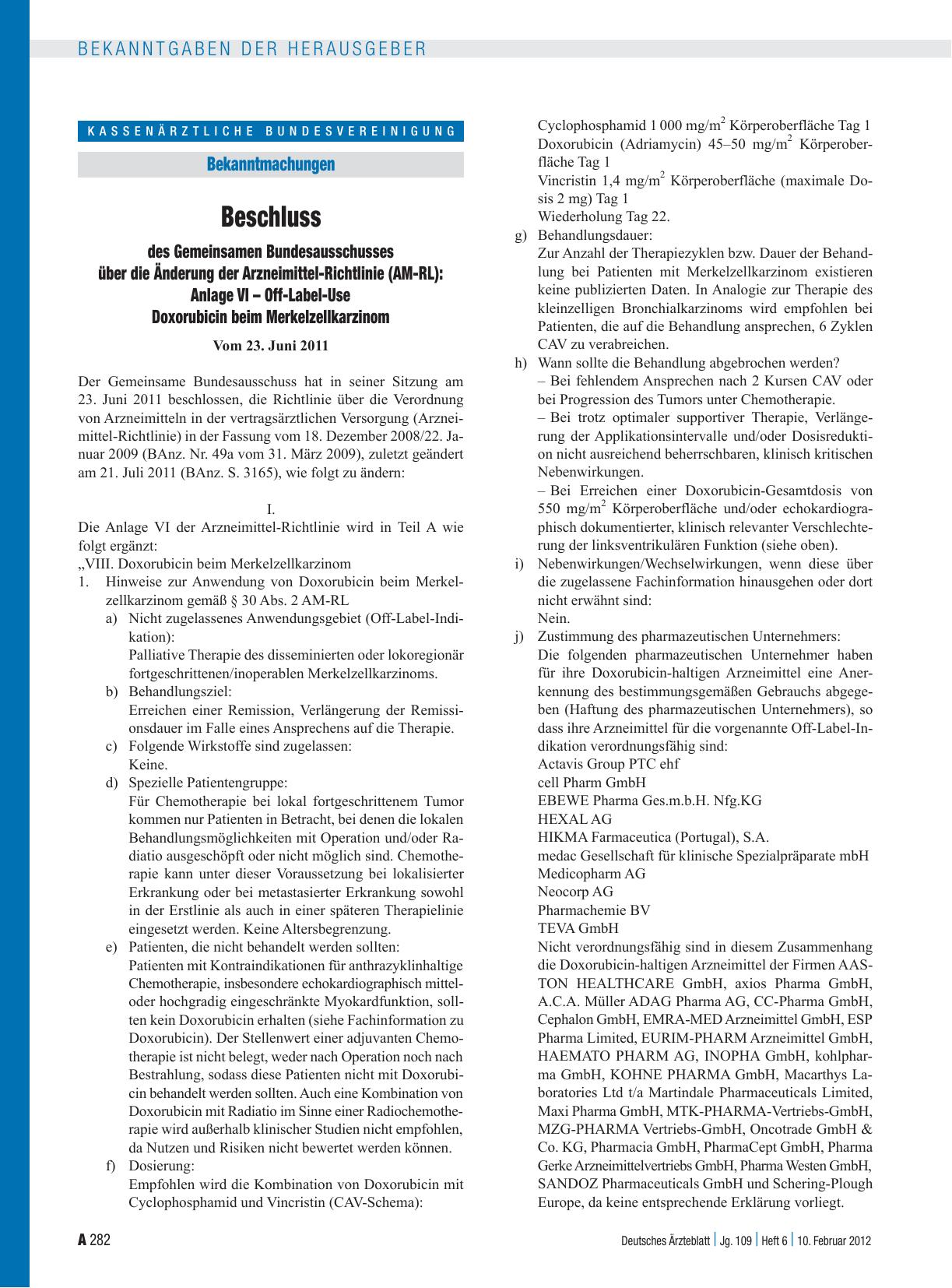 Vorschauseite 1: Beschluss des Gemeinsamen Bundesausschusses über die Änderung der Arzneimittel-Richtlinie (AM-RL): Anlage VI – Off-Label-Use Doxorubicin beim Merkelzellkarzinom
