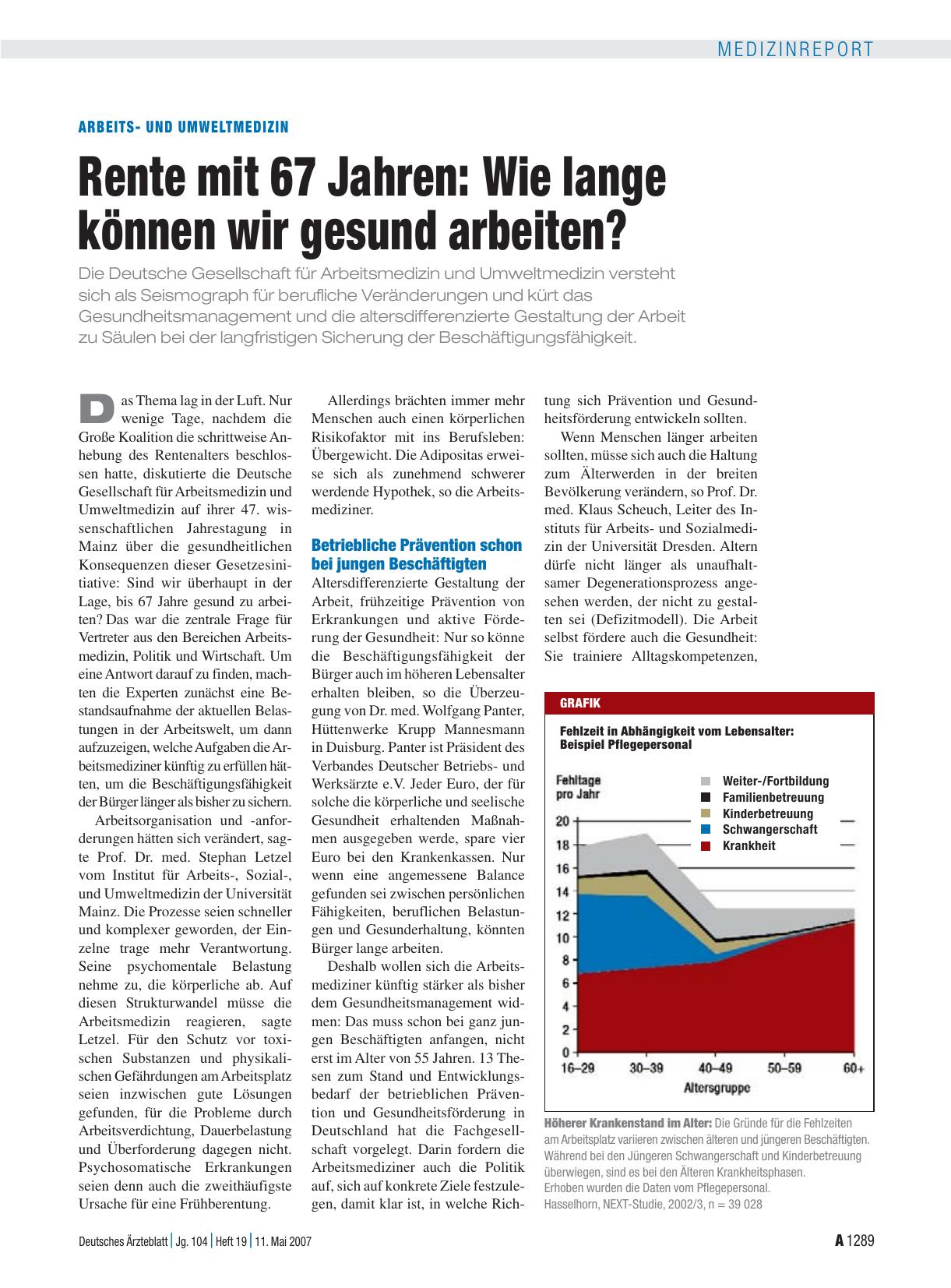 Vorschauseite 1: Arbeitsund Umweltmedizin – Rente mit 67 Jahren: Wie lange können wir gesund arbeiten?
