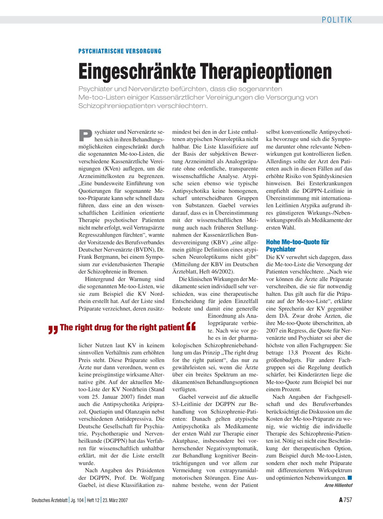 Vorschauseite 1: Psychiatrische Versorgung: Eingeschränkte Therapieoptionen
