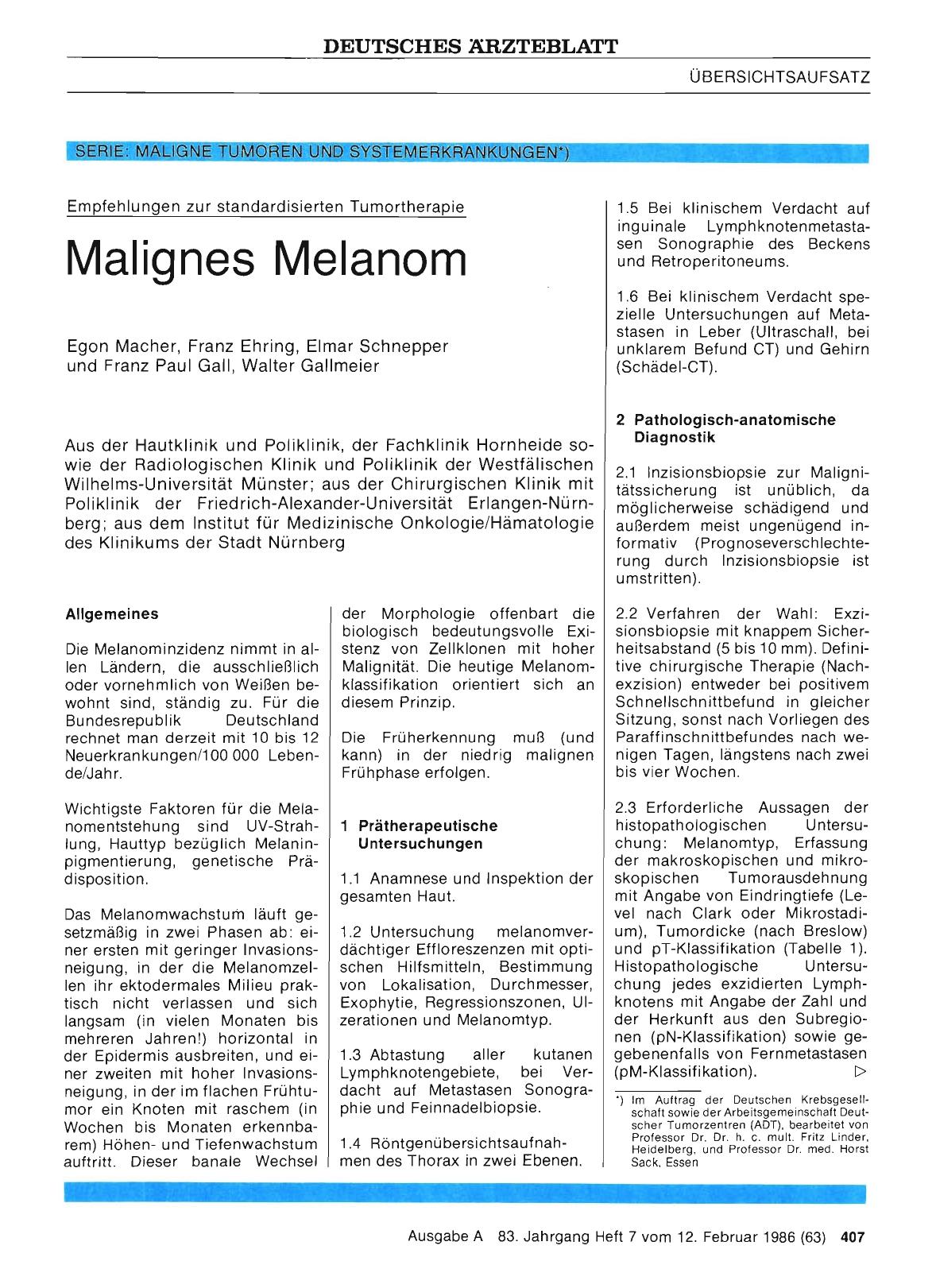 Vorschauseite 1: Empfehlungen zur standardisierten Tumortherapie: Malignes Melanom