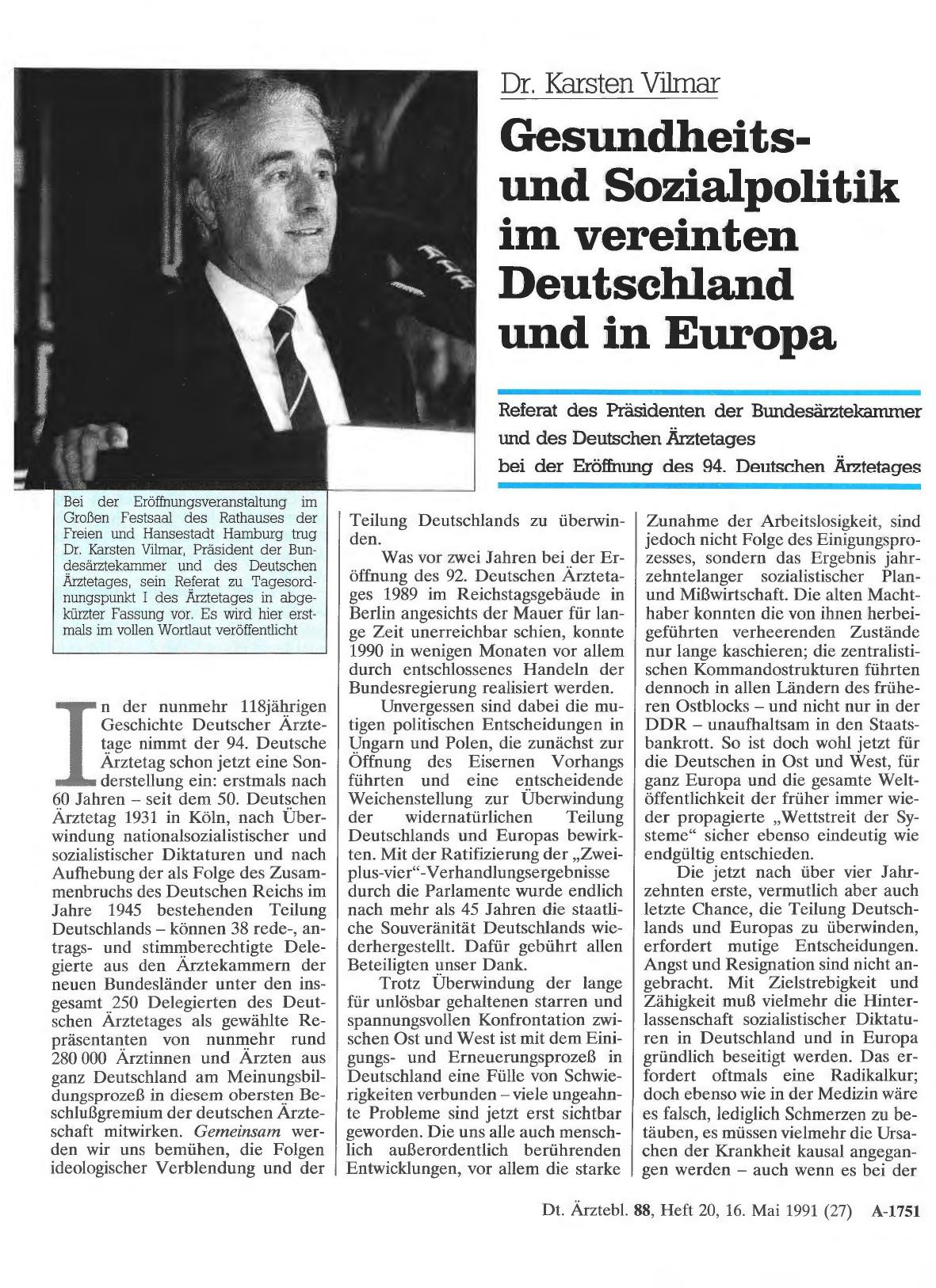 Vorschauseite 1: Dr. Karsten Vilmar: Gesundheitsund Sozialpolitik im vereinten Deutschland und in Europa