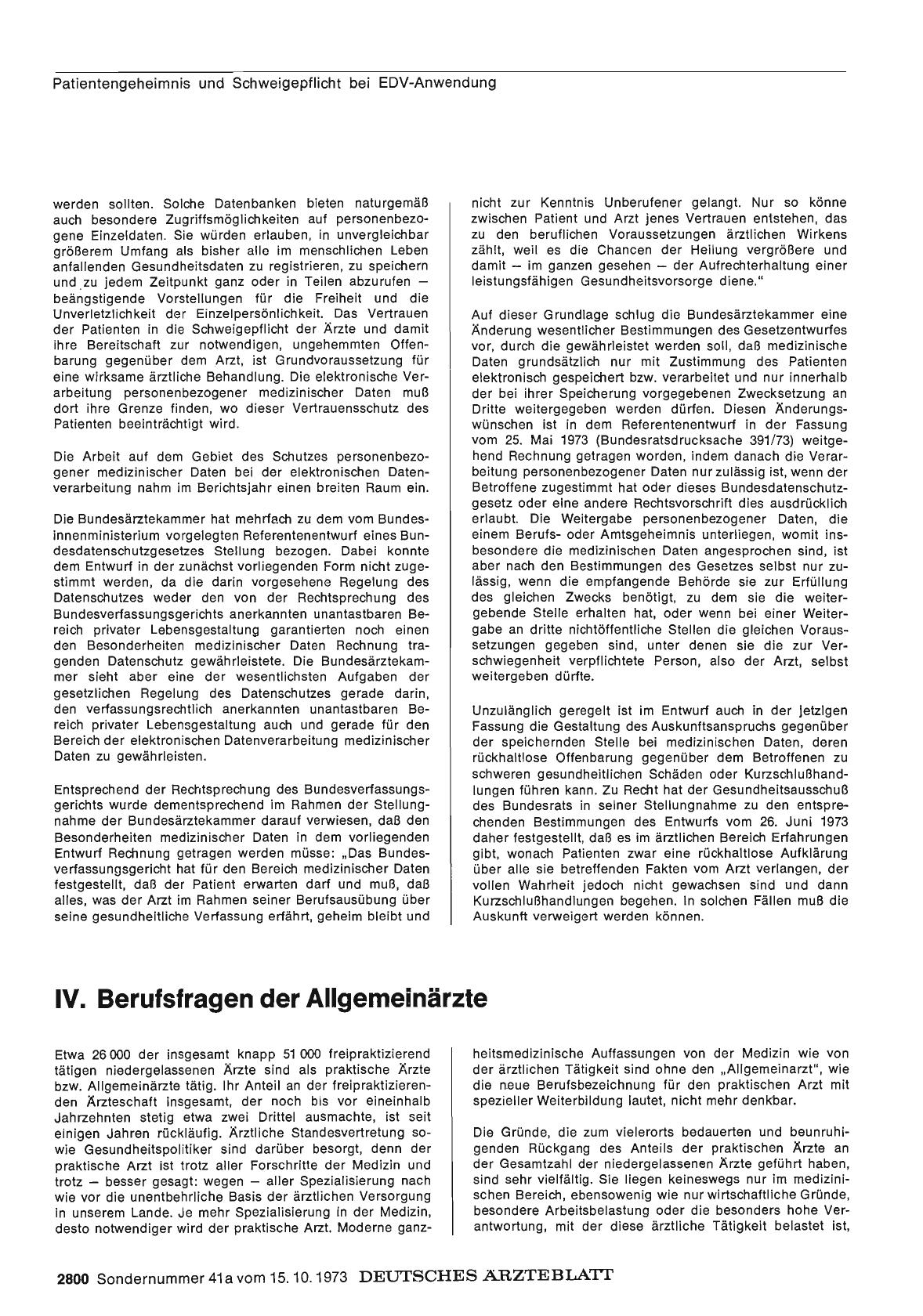 Vorschauseite 1: Bericht über das Jahr 1972/73: E. Der Arzt im Beruf: IV. Berufsfragen der Allgemeinärzte