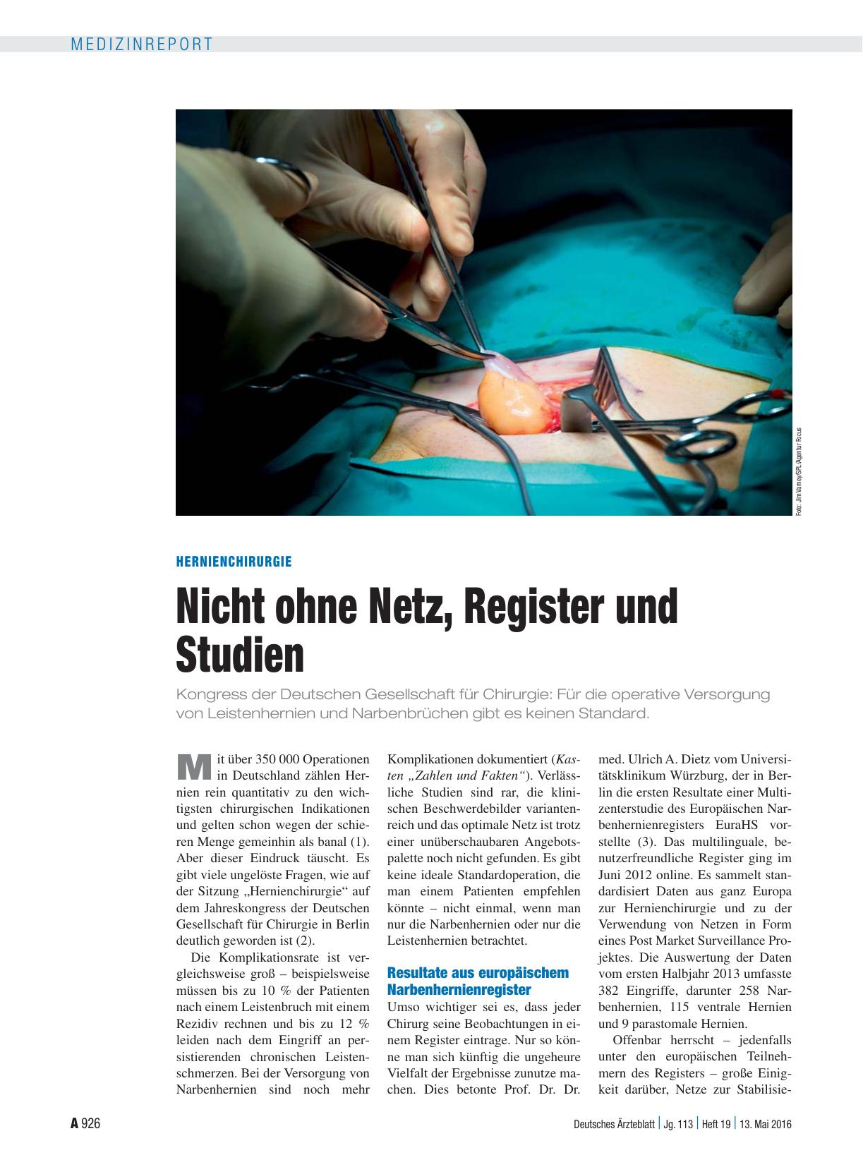 Vorschauseite 1: Hernienchirurgie: Nicht ohne Netz, Register und Studien
