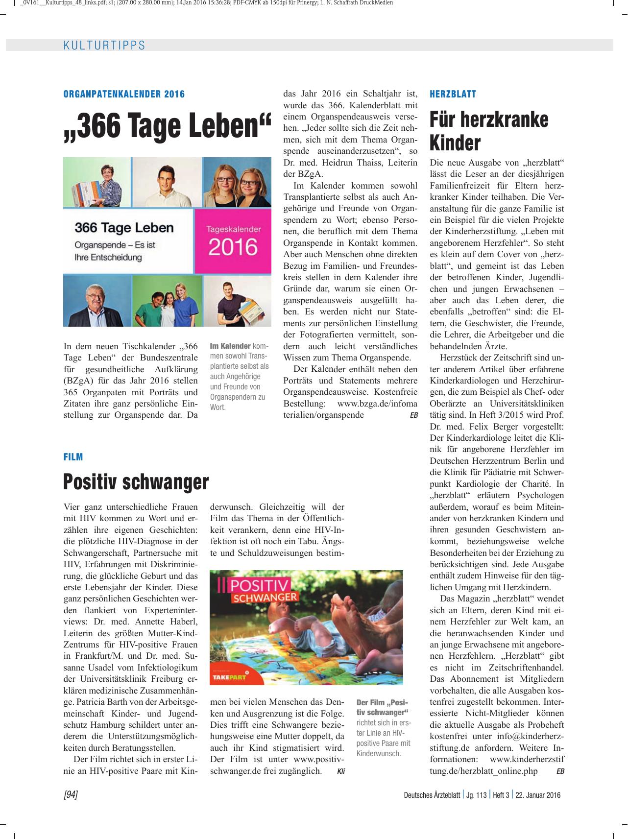 Vorschauseite 1: Organpatenkalender 2016: „366 Tage Leben“
