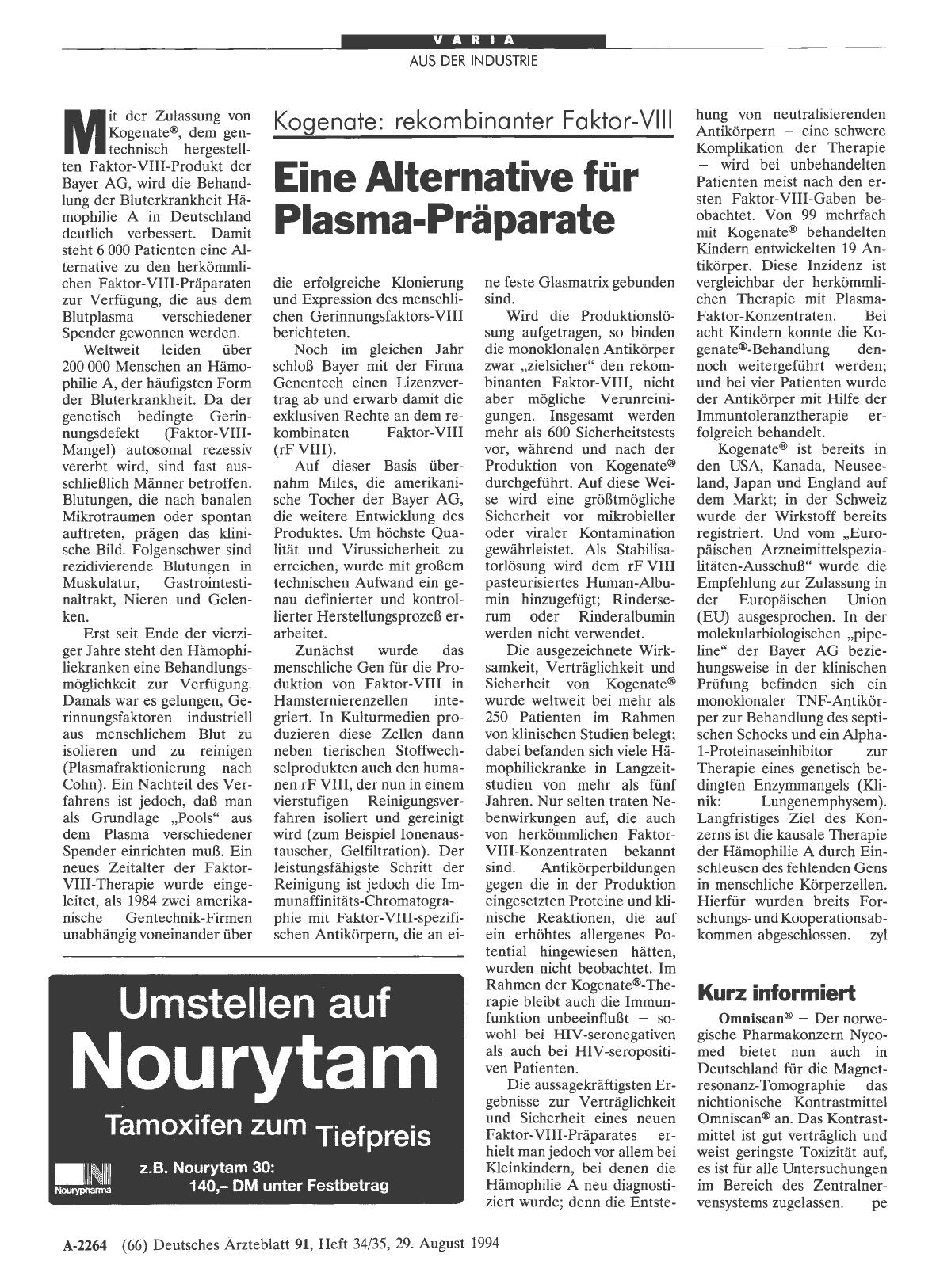 Vorschauseite 1: Kogenate: rekombinanter Faktor-VIII: Eine Alternative für Plasma-Präparate
