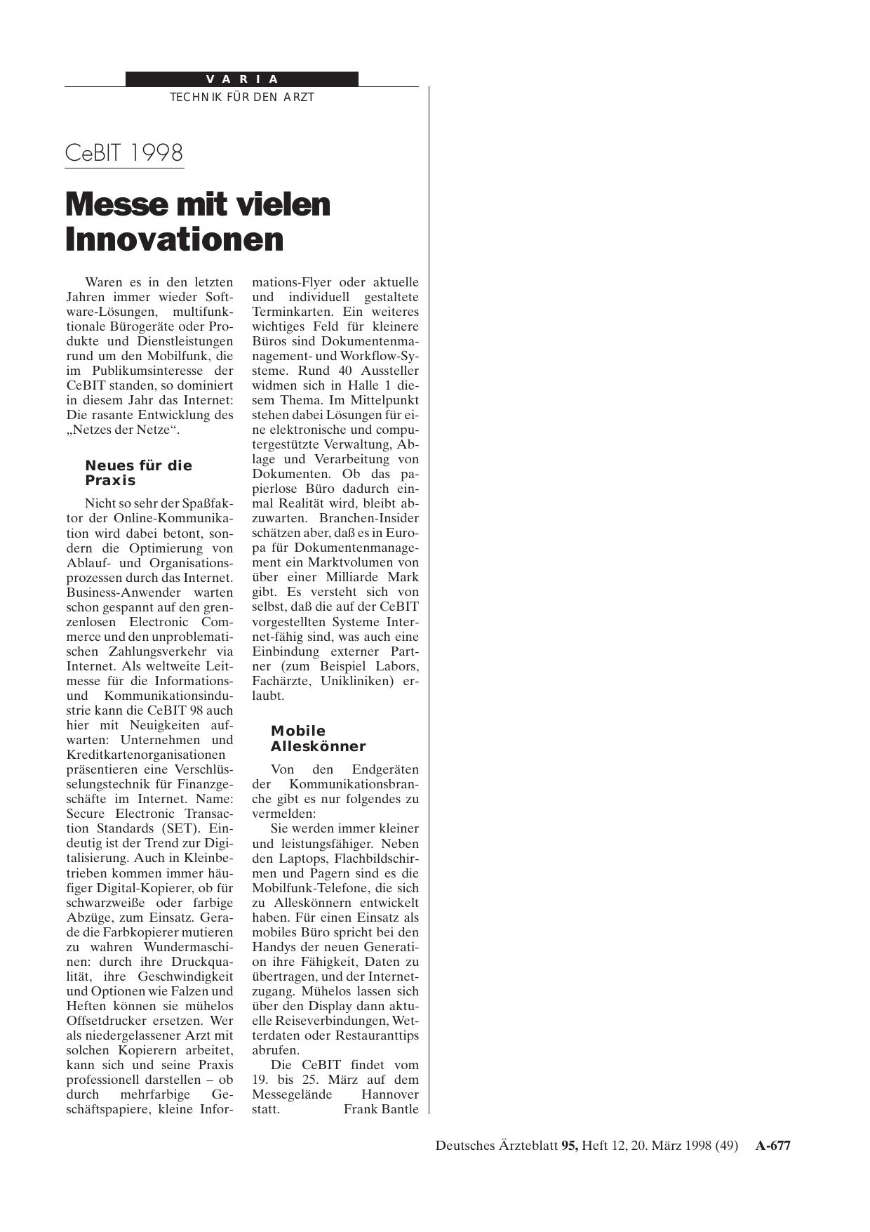 Vorschauseite 1: CeBIT 1998: Messe mit vielenInnovationen