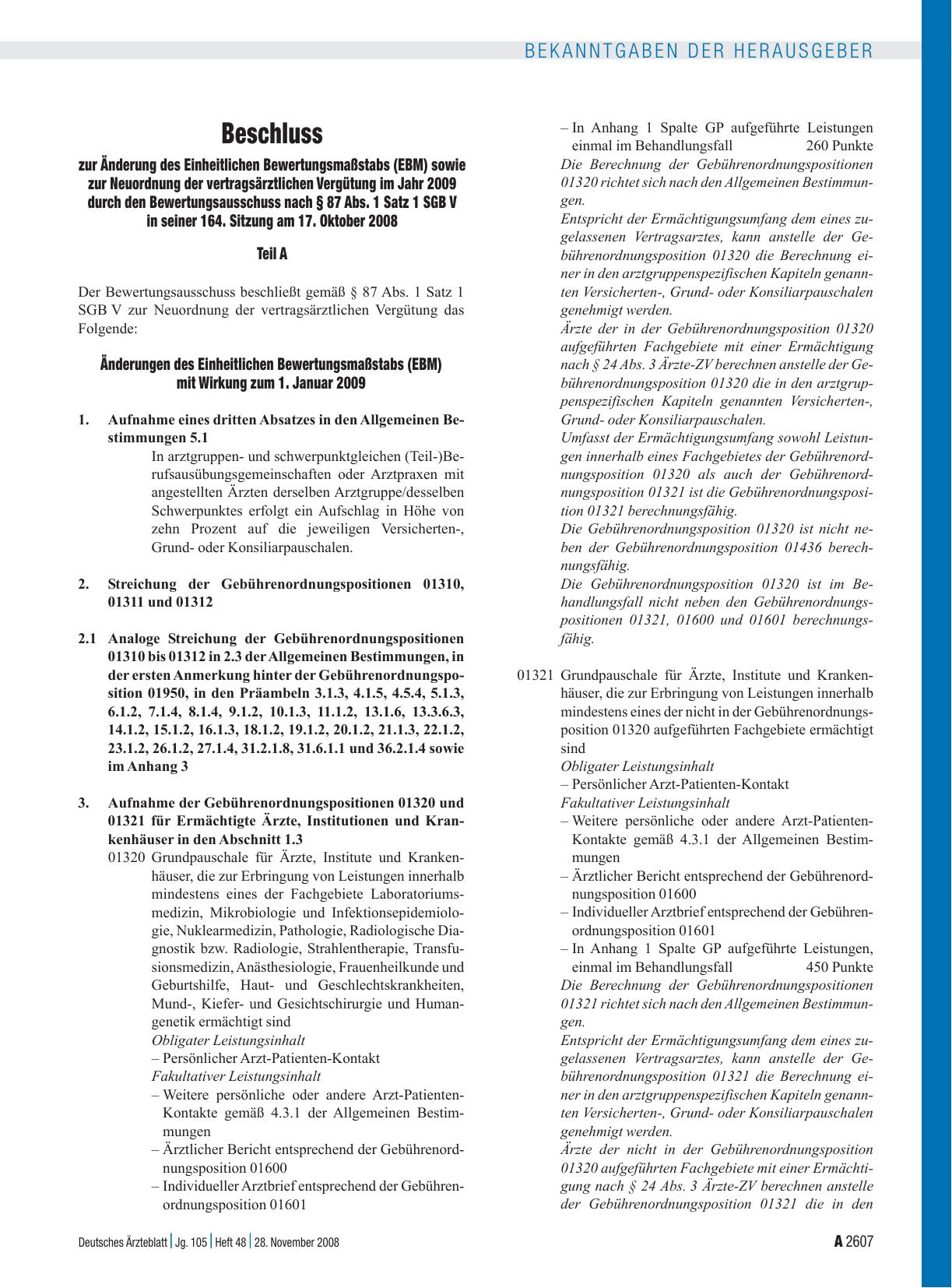 Vorschauseite 1: Beschluss: zur Änderung des Einheitlichen Bewertungsmaßstabs (EBM) sowie zur Neuordnung der vertragsärztlichen Vergütung im Jahr 2009 durch den Bewertungsausschuss nach § 87 Abs.…