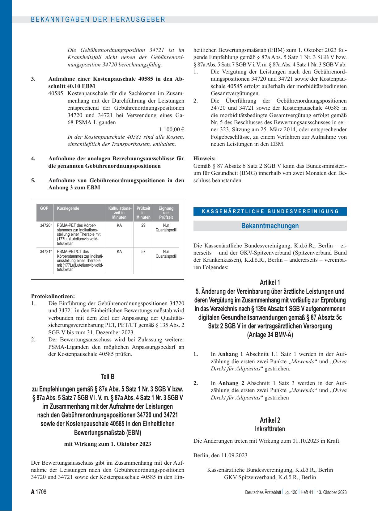 Vorschauseite 1: 5. Änderung der Vereinbarung über ärztliche Leistungen und deren Vergütung im Zusammenhang mit vorläufig zur Erprobung in das Verzeichnis nach § 139e Absatz 1 SGB V aufgenommenen…