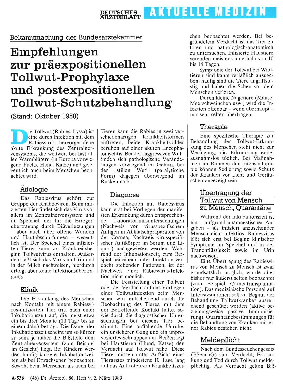 Vorschauseite 1: Bekanntmachung der Bundesärztekammer: Empfehlungen zur präexpositionellen Tollwut-Prophylaxe und postexpositionellen Tollwut-Schutzbehandlung (Stand: Oktober 1988)