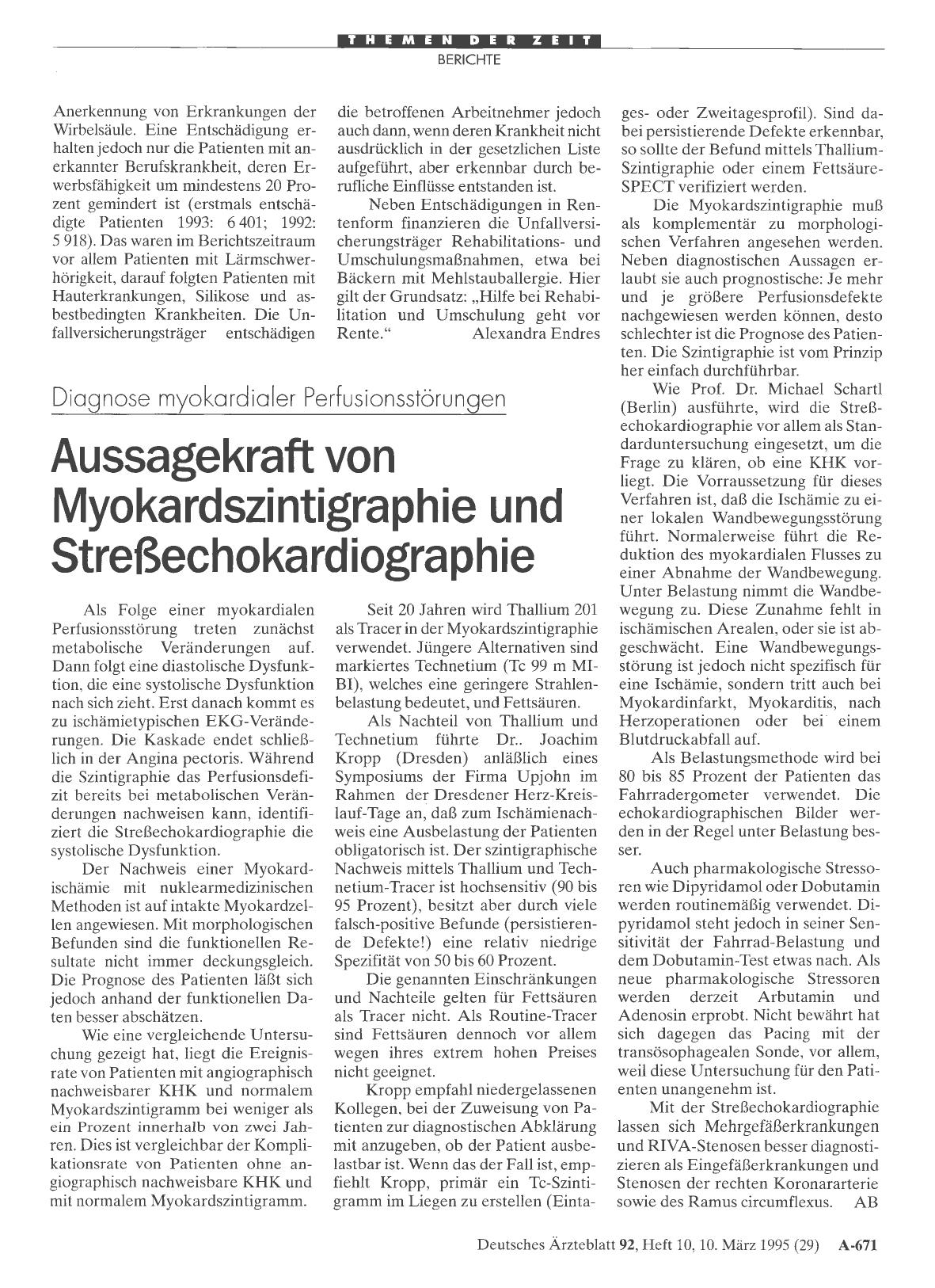 Vorschauseite 1: Diagnose myokardialer Perfusionsstörungen: Aussagekraft von Myokardszintigraphie und Streßechokardiographie