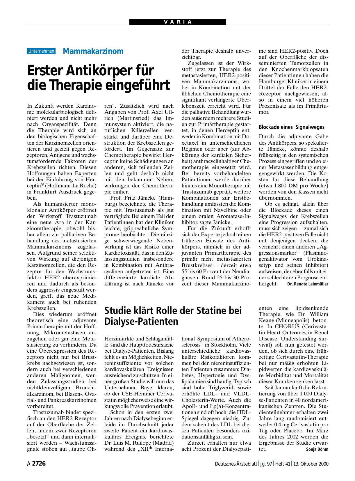 Vorschauseite 1: Mammakarzinom: Erster Antikörper für die Therapie eingeführt