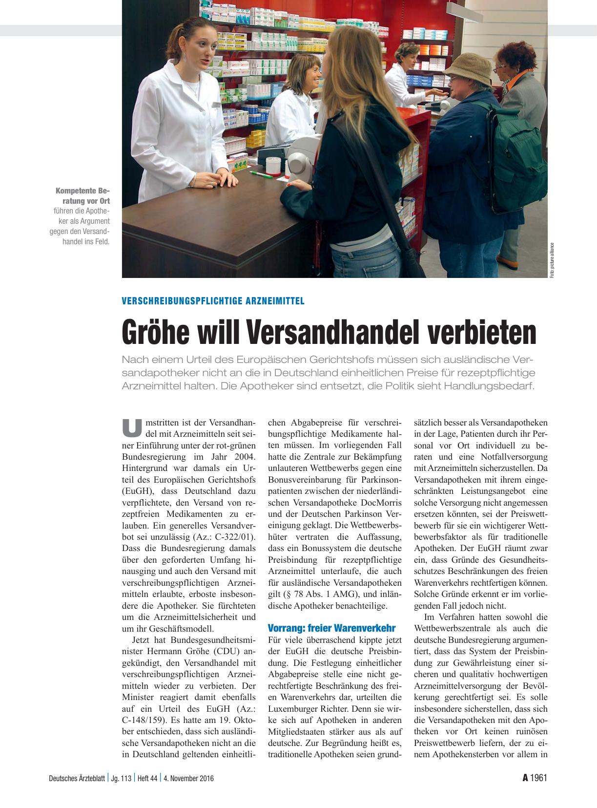 Vorschauseite 1: Verschreibungspflichtige Arzneimittel: Gröhe will Versandhandel verbieten