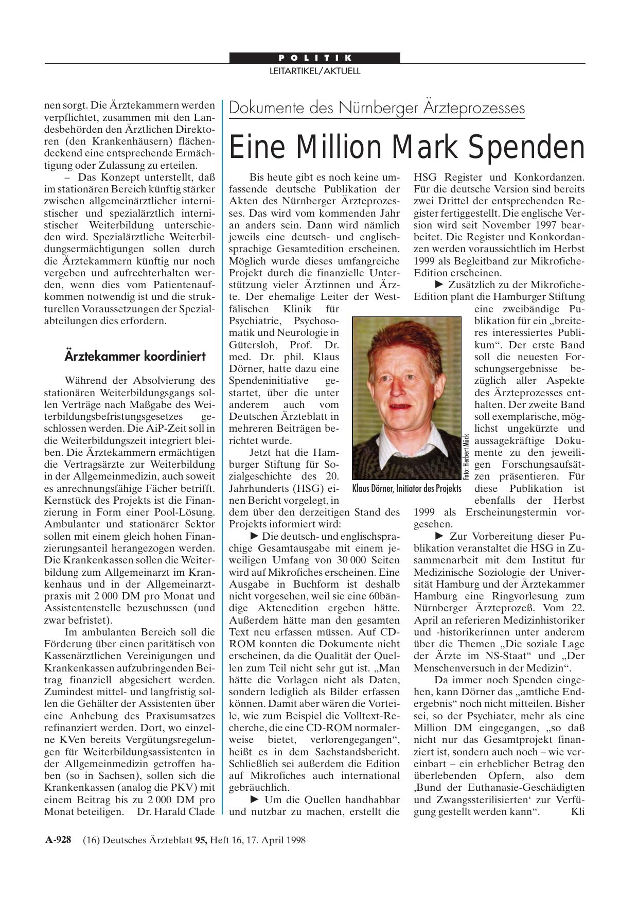 Vorschauseite 1: Dokumente des Nürnberger Ärzteprozesses: Eine Million Mark Spenden