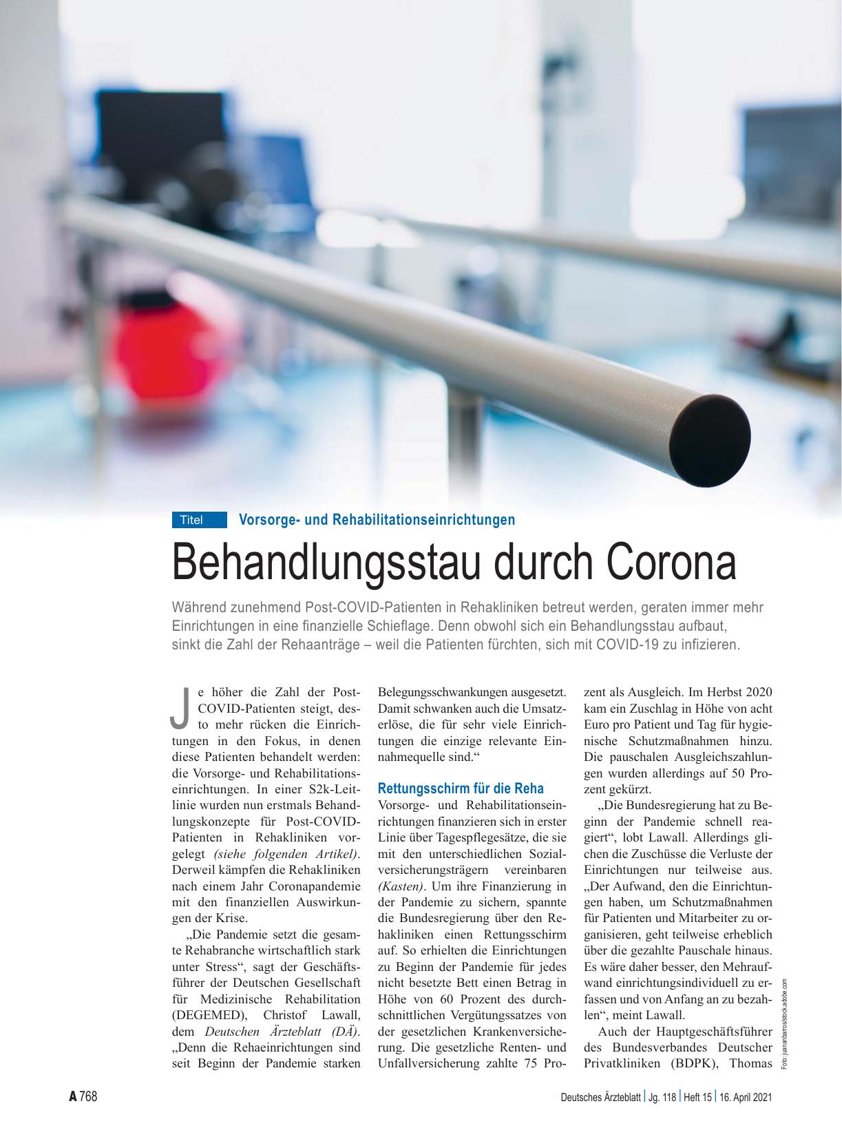 Vorschauseite 1: Vorsorgeund Rehabilitationseinrichtungen: Behandlungsstau durch Corona