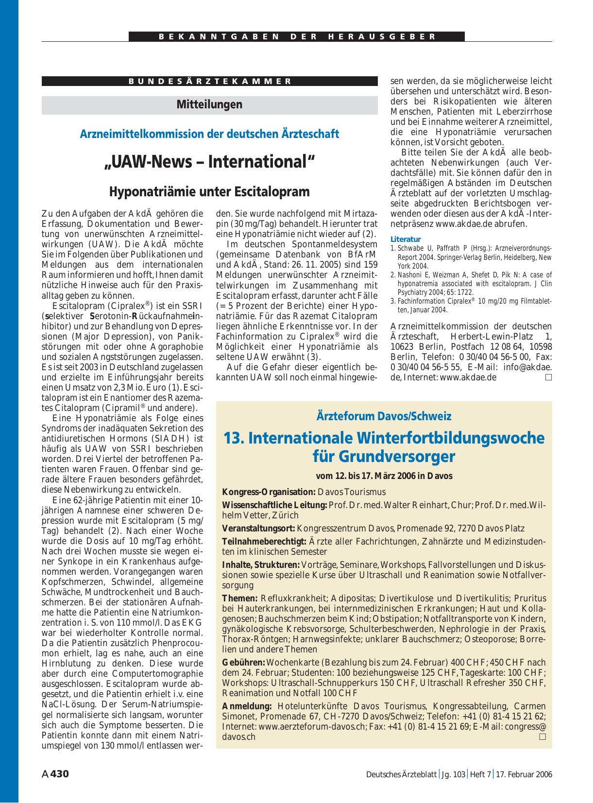 Vorschauseite 1: Arzneimittelkommission der deutschen Ärzteschaft: „UAW-News – International“ – Hyponatriämie unter Escitalopram